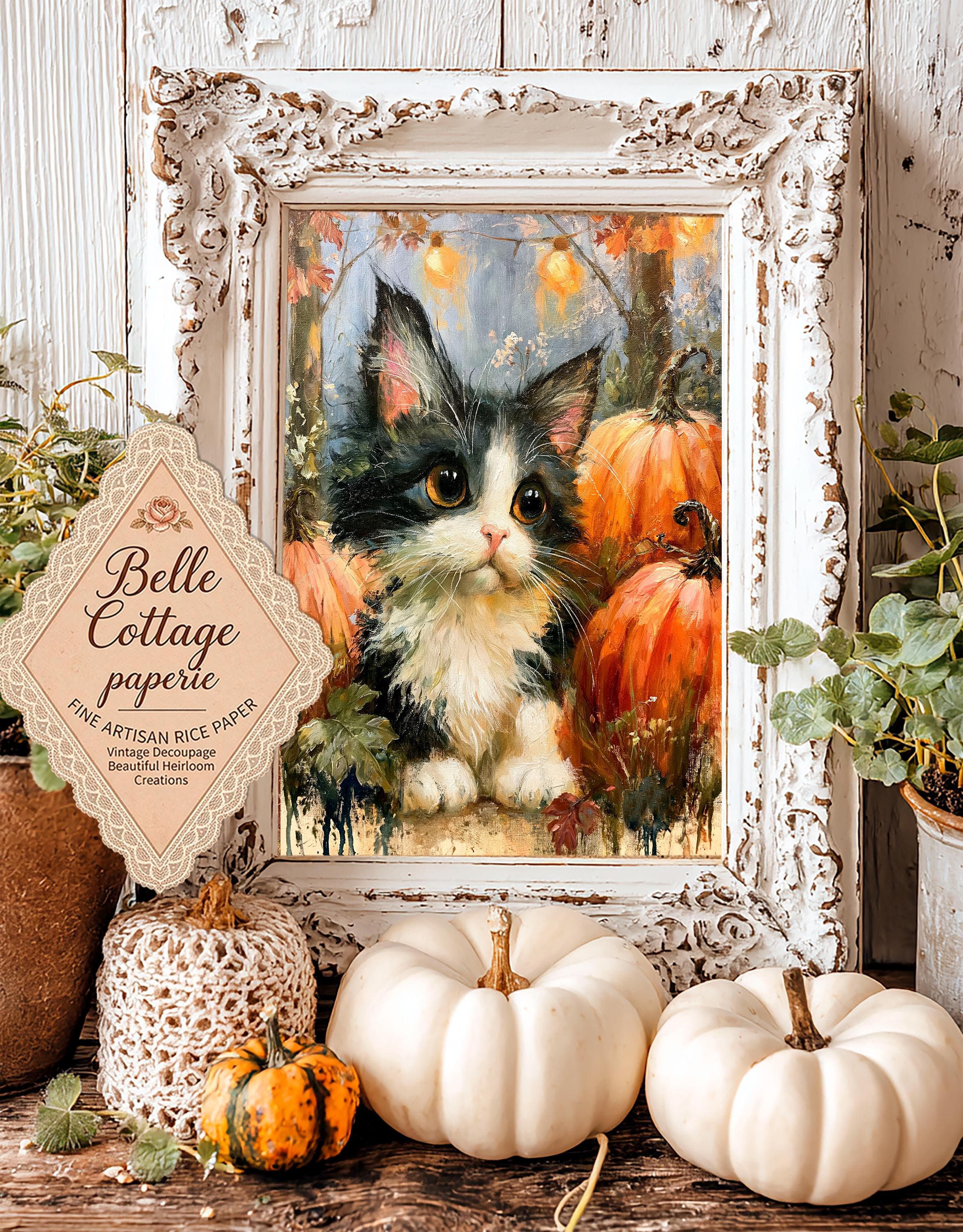 Vintage Halloween Cat Rice Paper for Decoupage, Cute Black & White Kitten with Pumpkins, Autumn Cottage Decor, Mulberry Rice Paper DIY - image 3