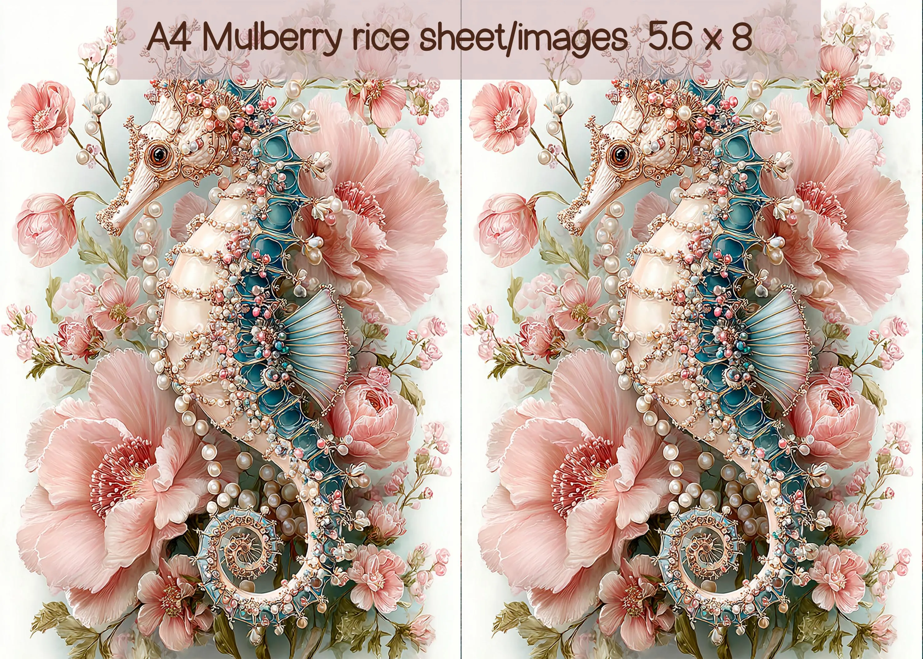 Jeweled Sea Horse & Pink Roses Rice Paper A4 – Shabby Chic Coastal Mulberry Paper – Pearl Accents Decoupage Sheet – Fantasy Decoupage paper - image 4