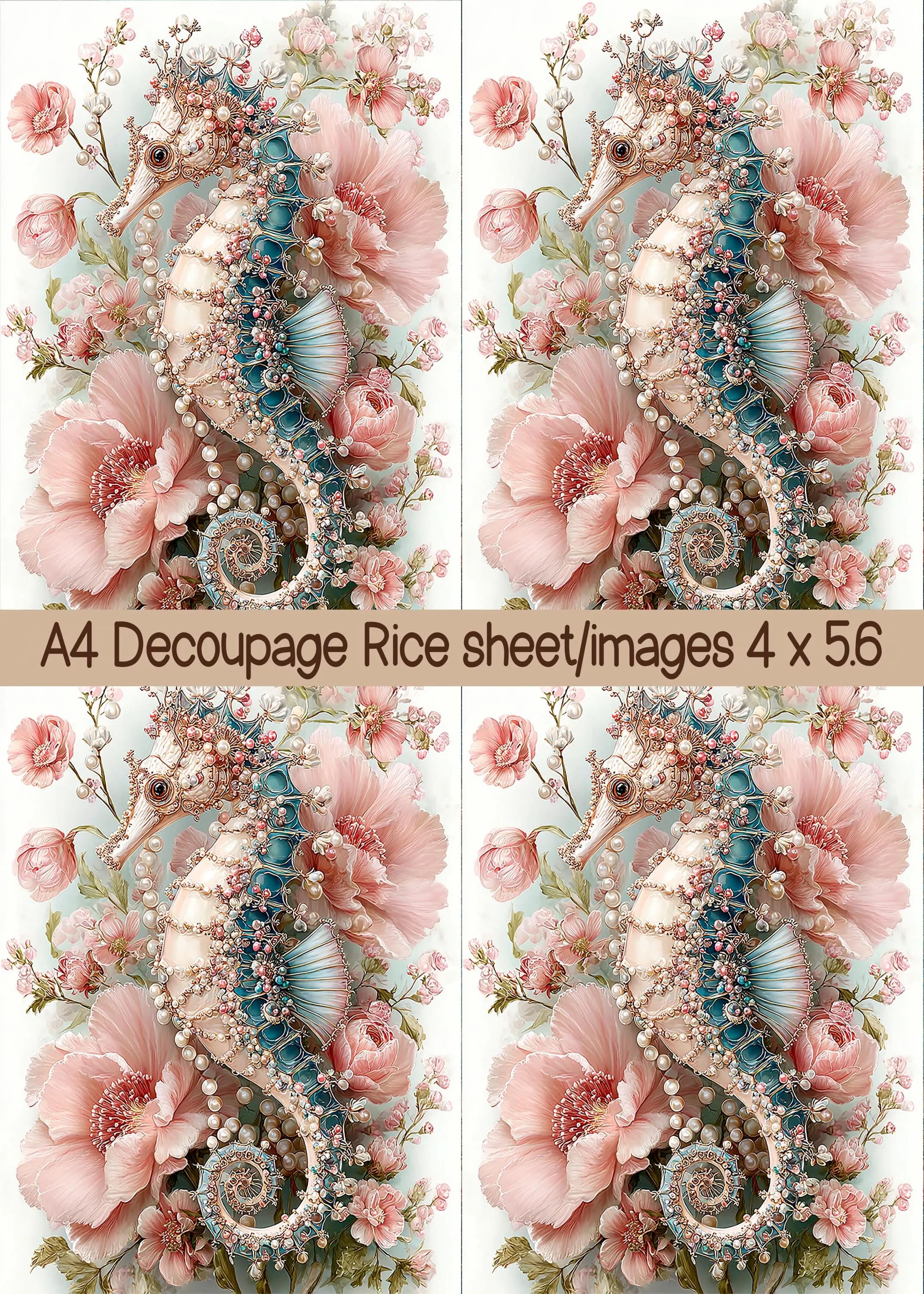 Jeweled Sea Horse & Pink Roses Rice Paper A4 – Shabby Chic Coastal Mulberry Paper – Pearl Accents Decoupage Sheet – Fantasy Decoupage paper - image 5