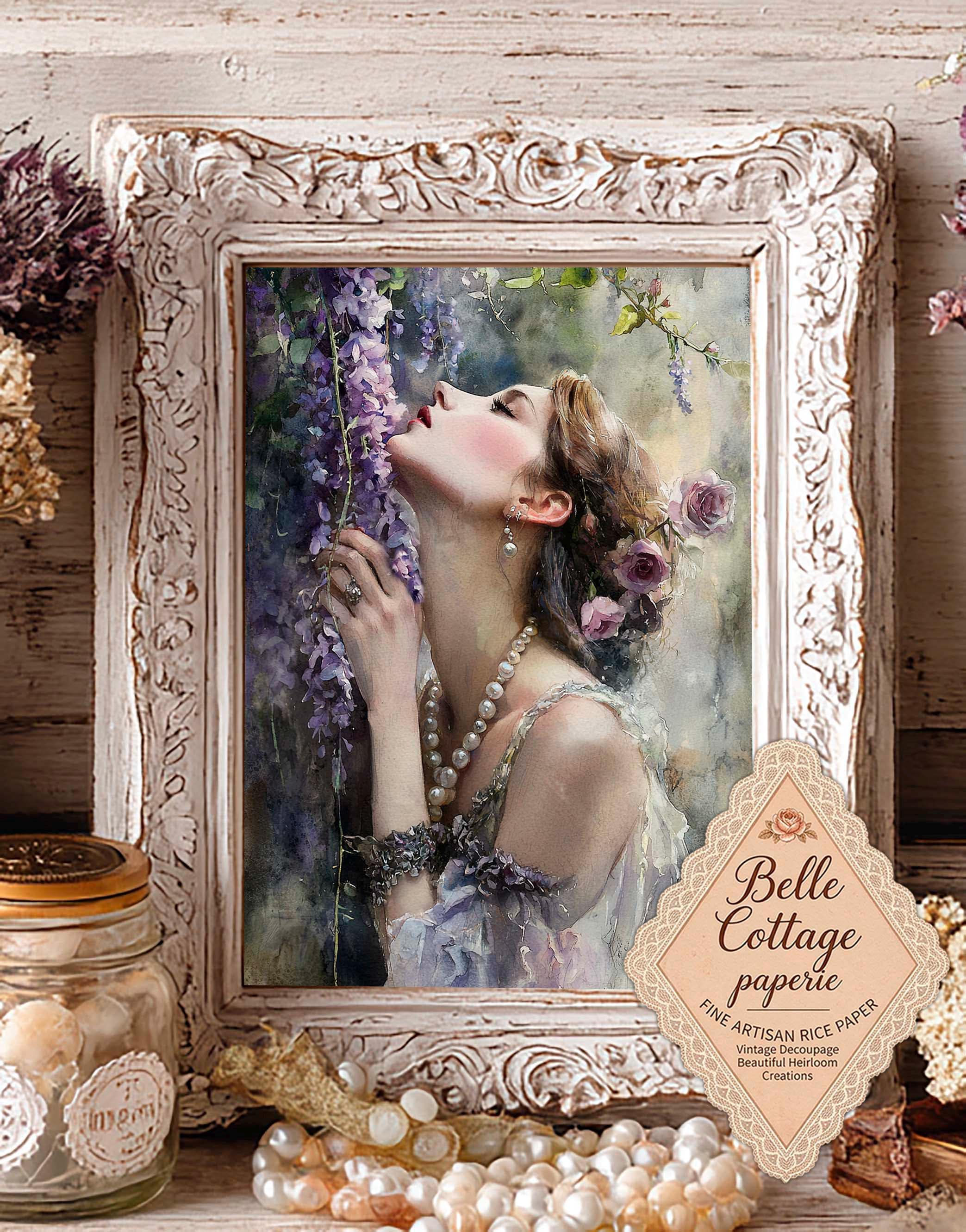 Victorian Woman with Lavender Blossoms Rice Paper for Decoupage, Romantic Floral Portrait, Vintage Purple Cottage Art, Rice Paper A4 - image 4