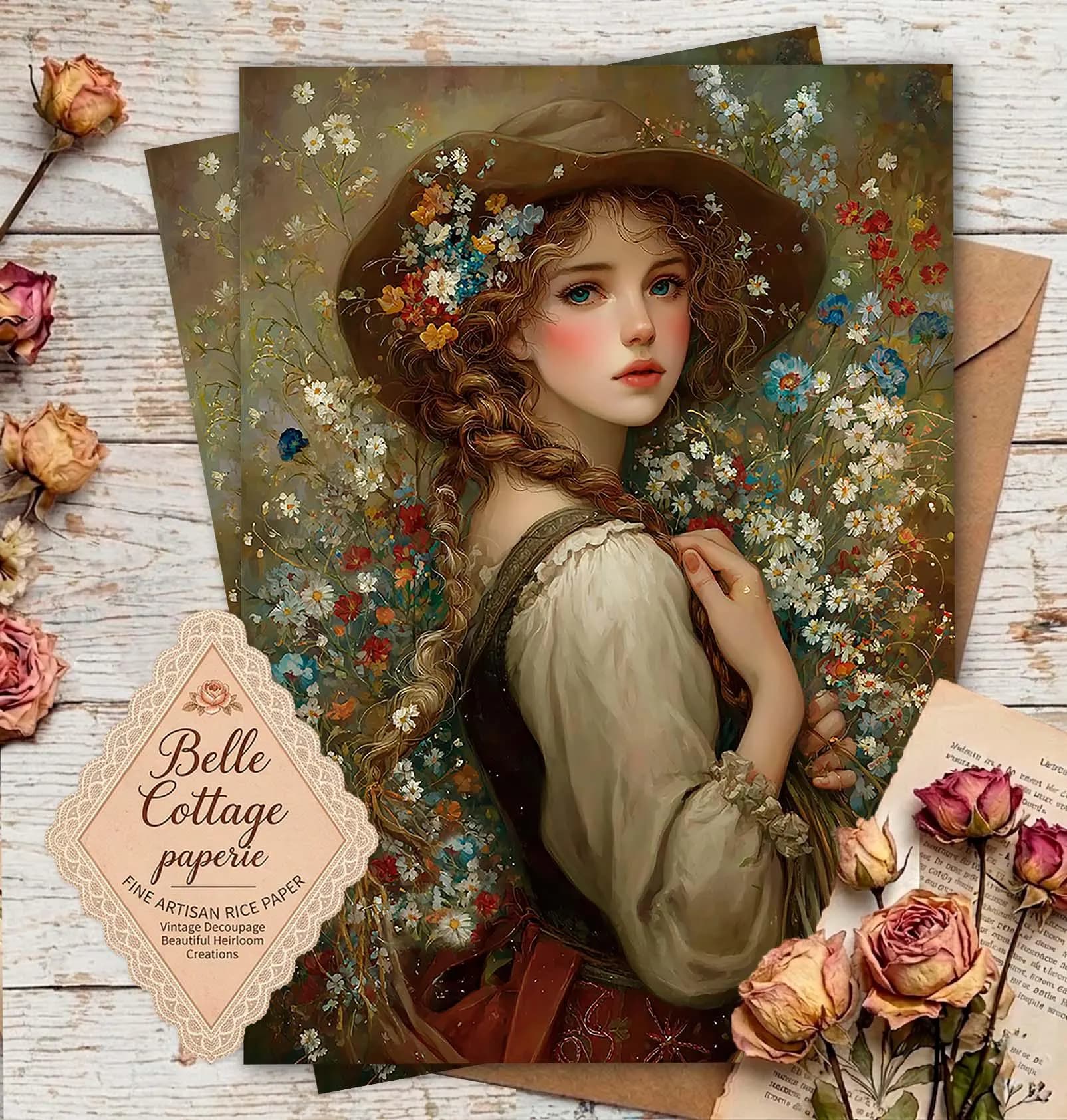 Wildflower Cottage Girl Rice Paper | Vintage Country Girl Decoupage Paper | Cottagecore Floral Art Sheet | Rustic Farmhouse Craft Paper - image 3