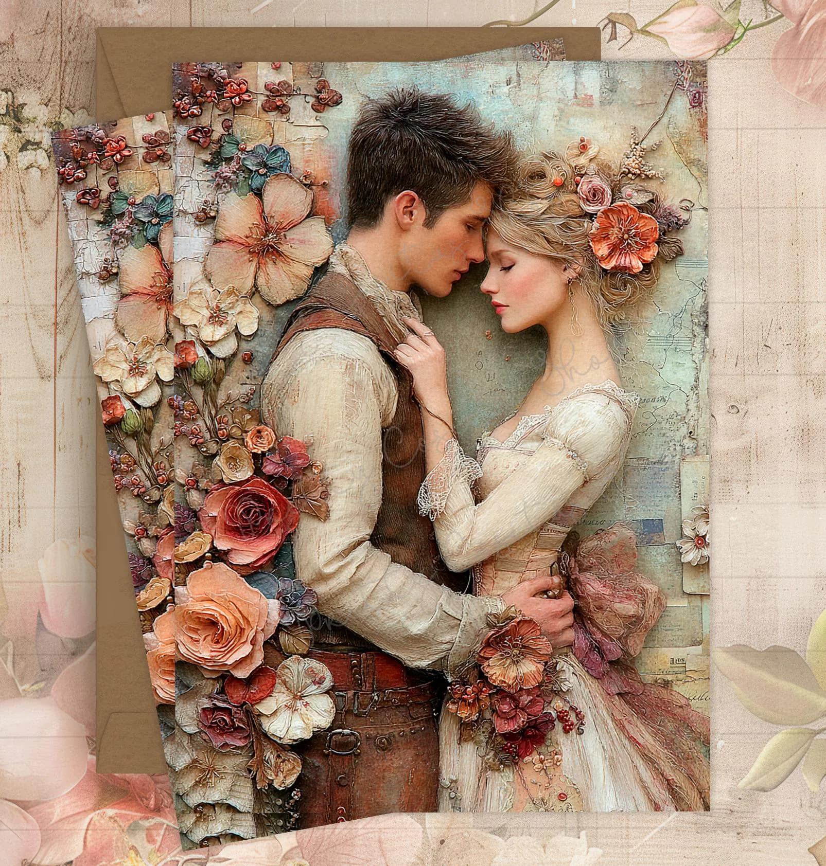 Vintage Romantic Couple Rice Paper for Decoupage, Shabby Chic Victorian Mulberry Paper A4, French Country Art Paper for Scrapbooking/Jornals - image 3