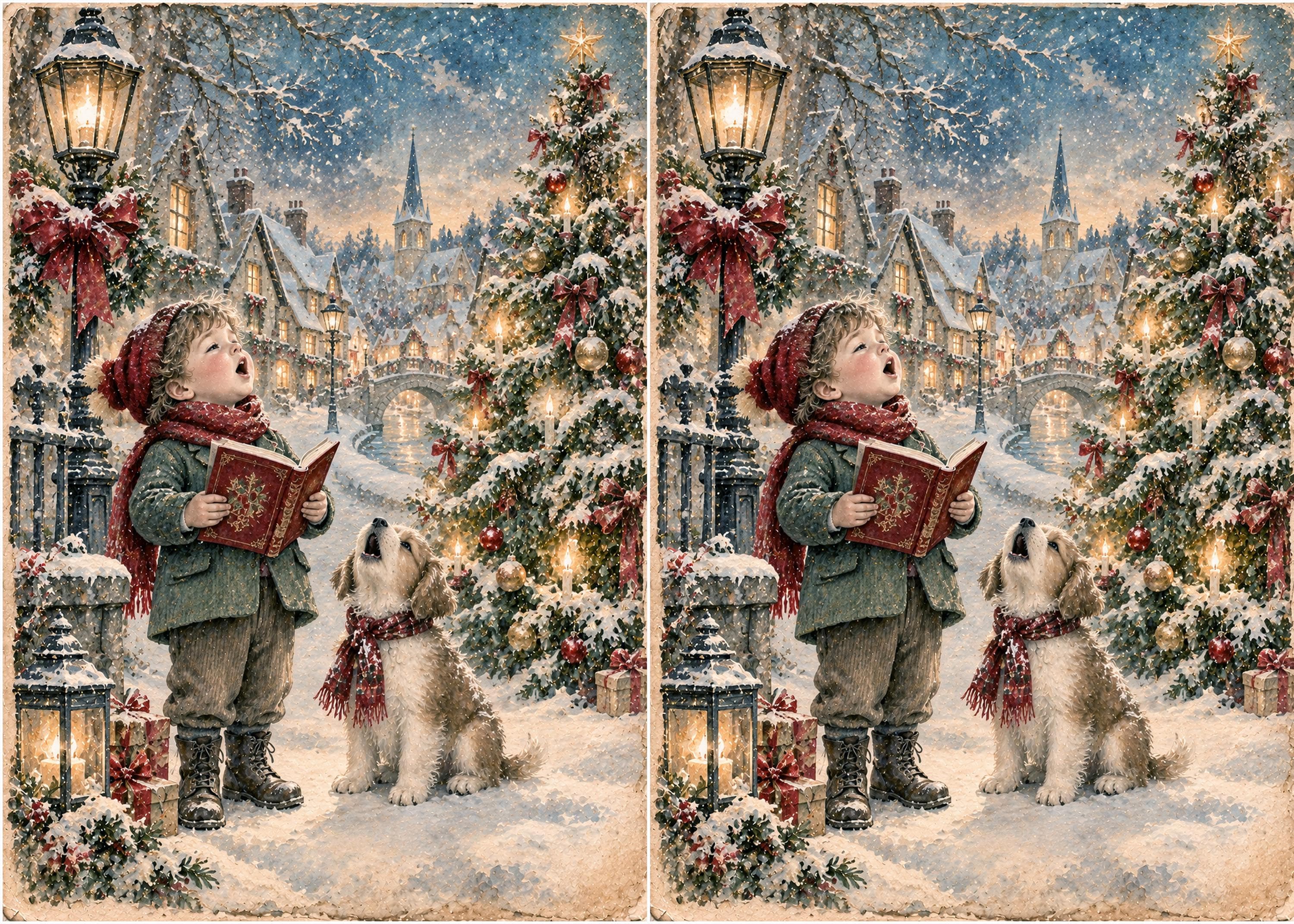 Christmas Boy Rice Paper, Christmas Storybook Decoupage Paper, Boy & Puppy Winter Scene, Vintage Christmas Decor, A4 Rice Paper N17 - image 4
