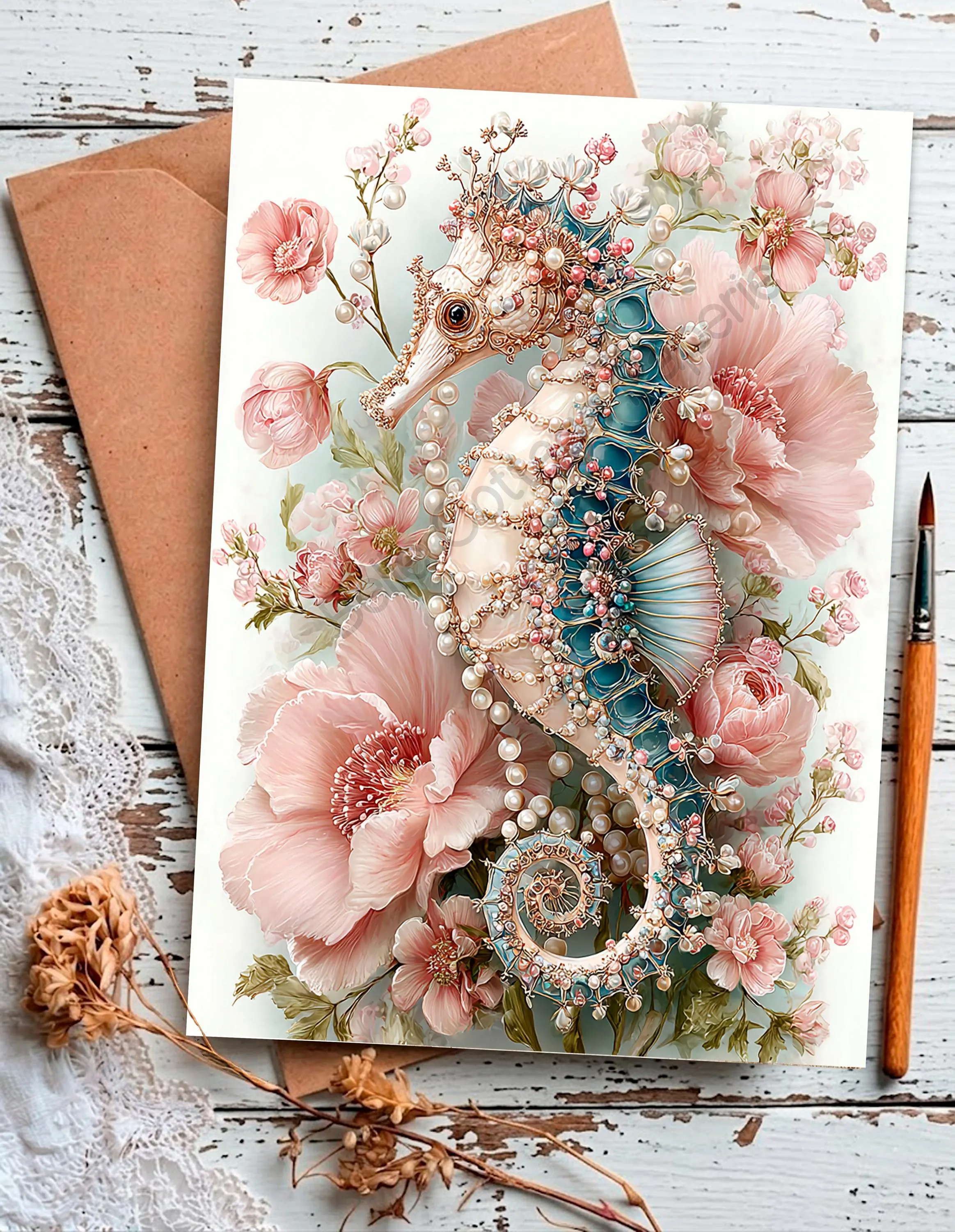 Jeweled Sea Horse & Pink Roses Rice Paper A4 – Shabby Chic Coastal Mulberry Paper – Pearl Accents Decoupage Sheet – Fantasy Decoupage paper - image 3