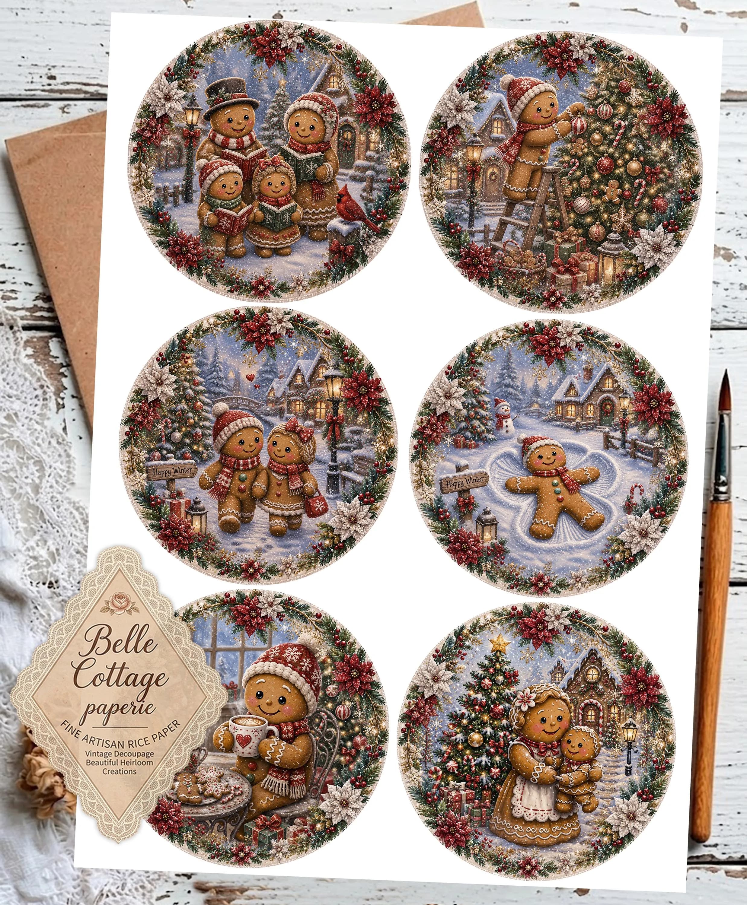 Christmas Gingerbread A4 Rice Paper, 6 Round Christmas Designs, Gingerbread Family Decoupage Paper, Mulberry Rice Paper, Winter Crafts - image 3