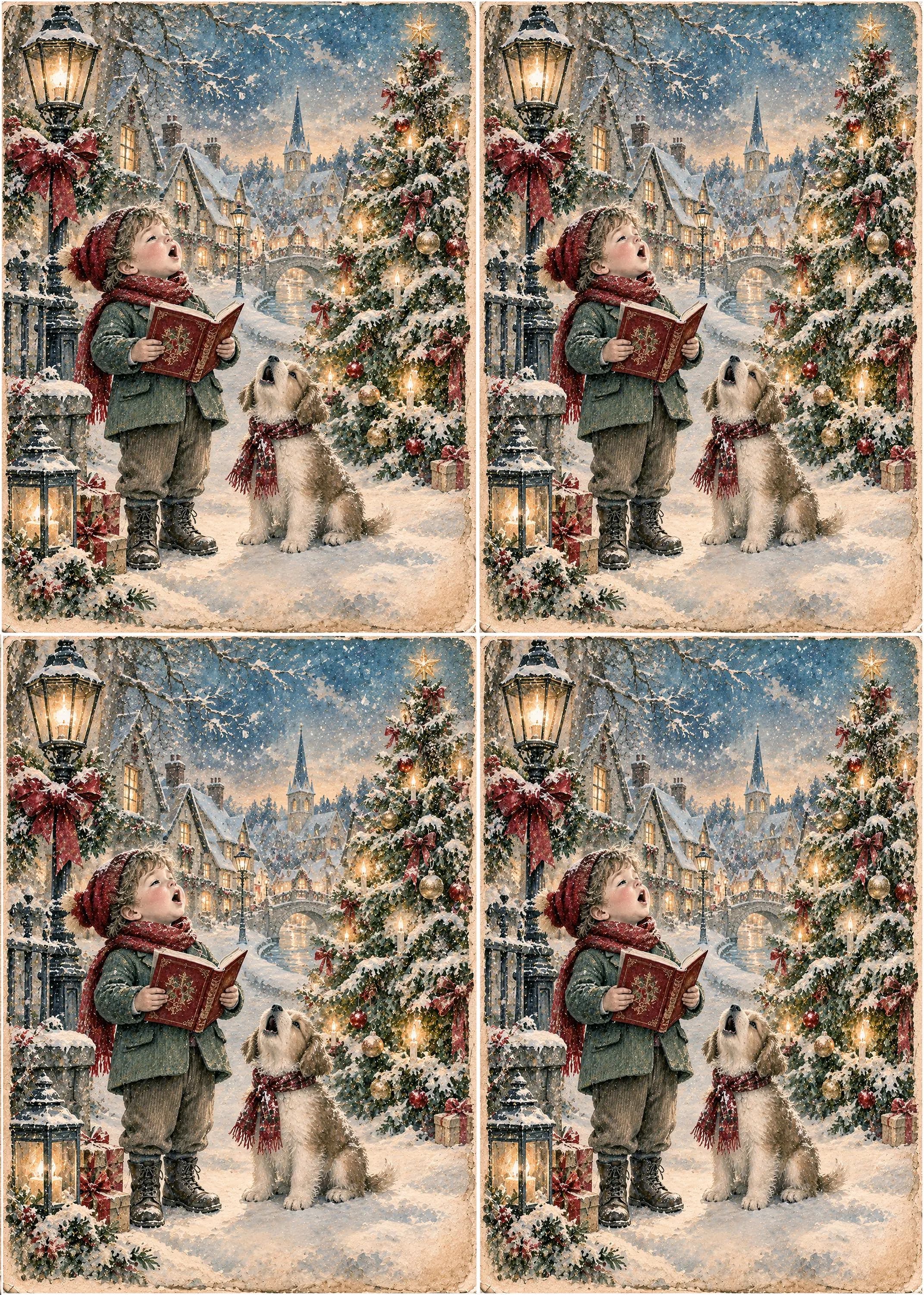 Christmas Boy Rice Paper, Christmas Storybook Decoupage Paper, Boy & Puppy Winter Scene, Vintage Christmas Decor, A4 Rice Paper N17 - image 5
