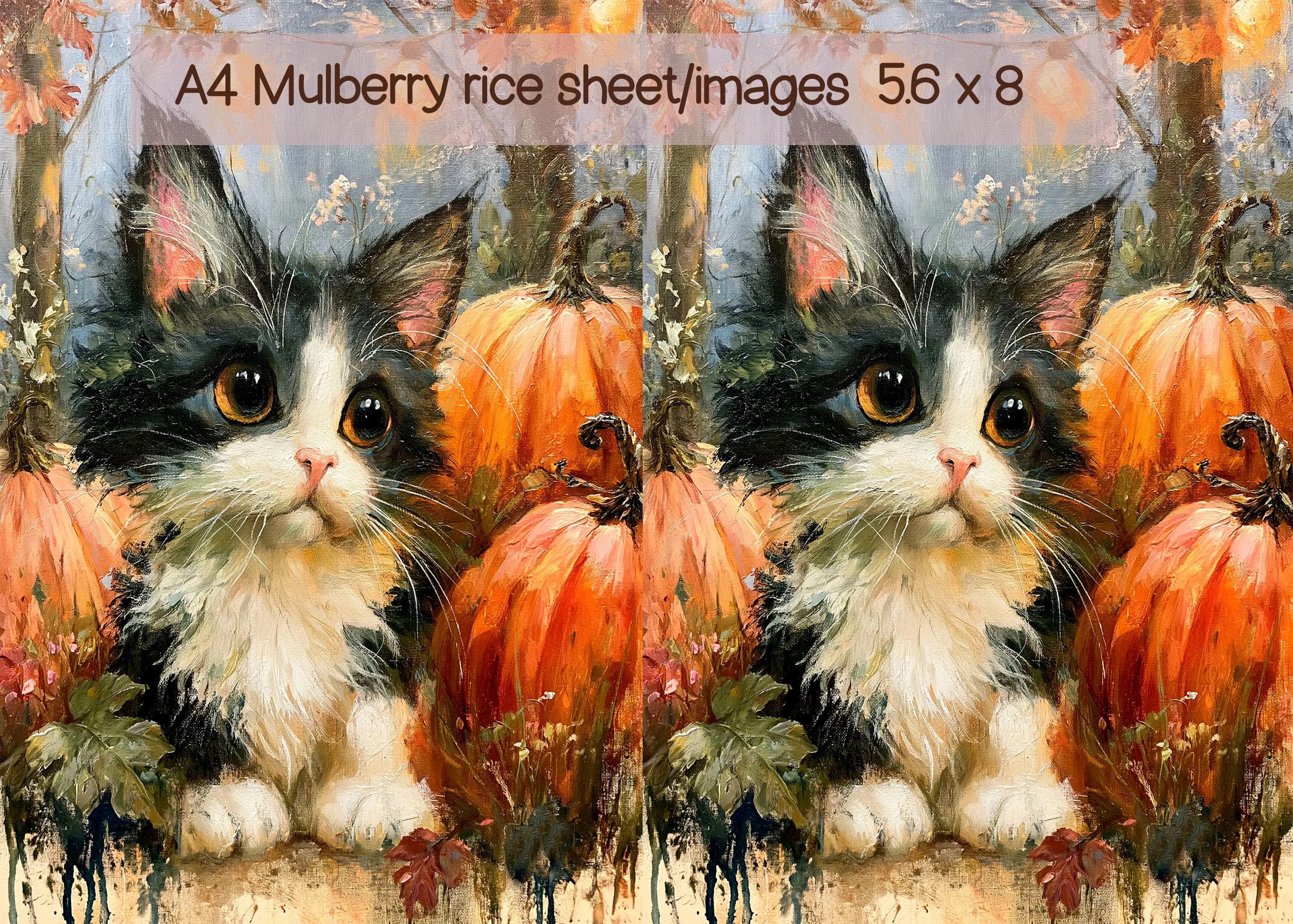 Vintage Halloween Cat Rice Paper for Decoupage, Cute Black & White Kitten with Pumpkins, Autumn Cottage Decor, Mulberry Rice Paper DIY - image 5