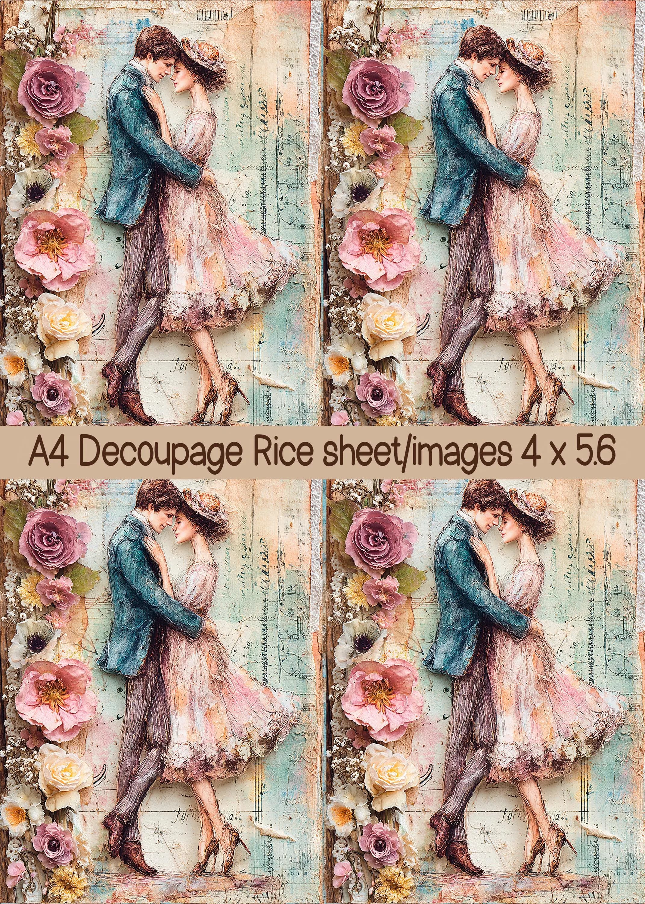 Vintage Romantic Couple Rice Paper for Decoupage, Shabby Chic Victorian Mulberry Paper A4, French Country Art Paper for Mixed Media DIY - image 5