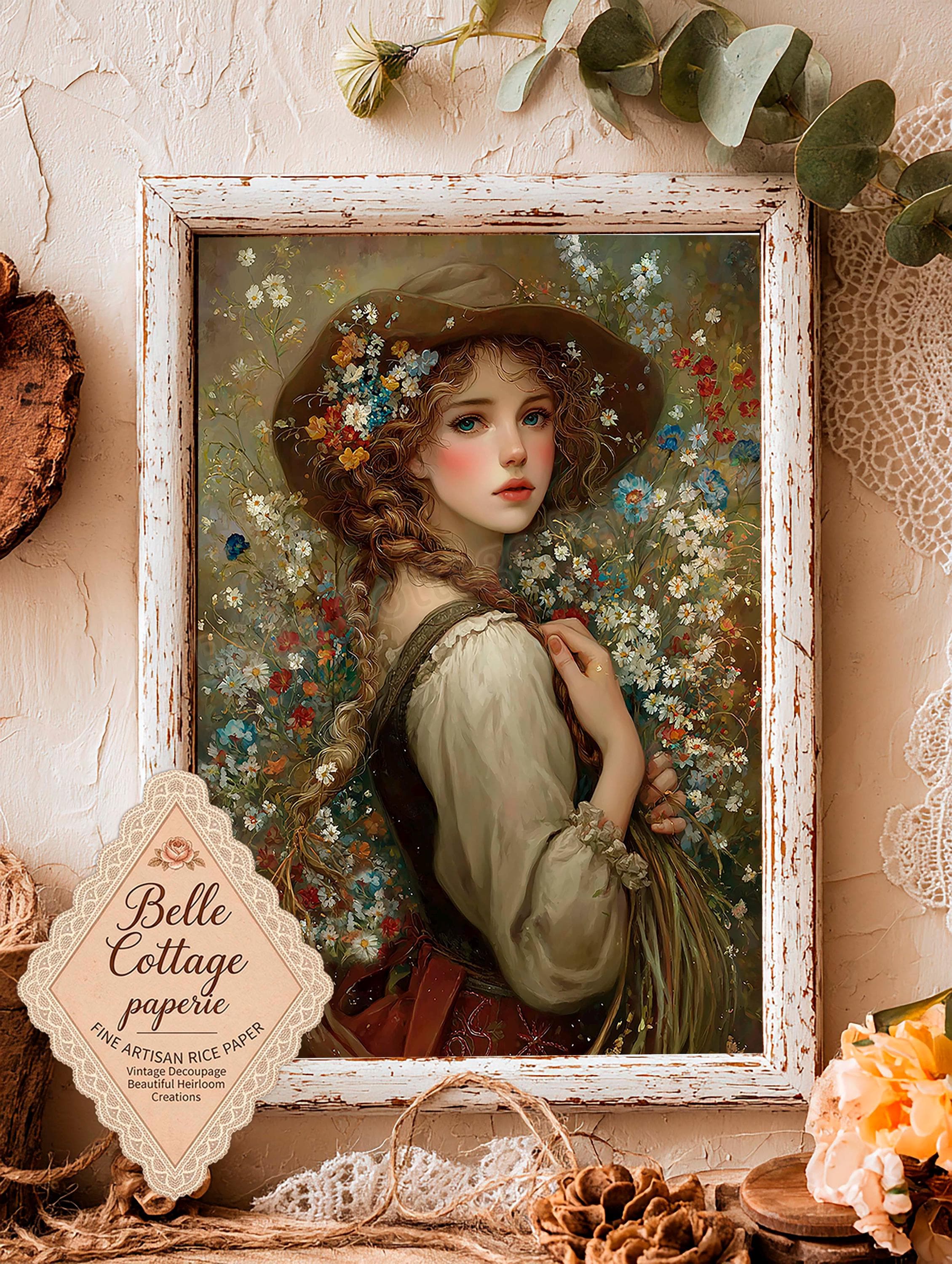 Wildflower Cottage Girl Rice Paper | Vintage Country Girl Decoupage Paper | Cottagecore Floral Art Sheet | Rustic Farmhouse Craft Paper - image 4