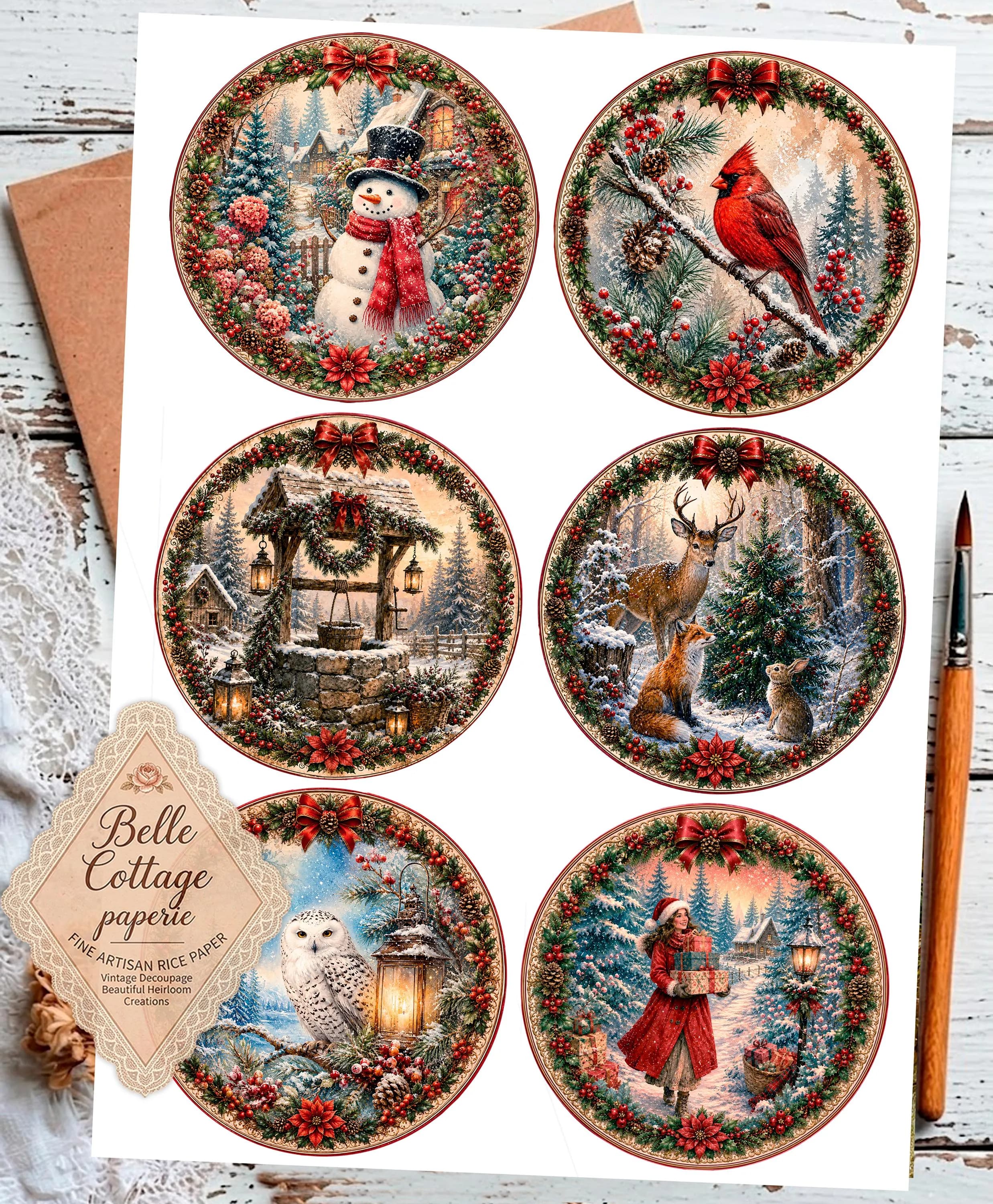Christmas Rice Paper for Decoupage, 6 Round Vintage Winter Designs, Snowman Cardinal Deer Owl Woodland Christmas Craft Paper - image 3