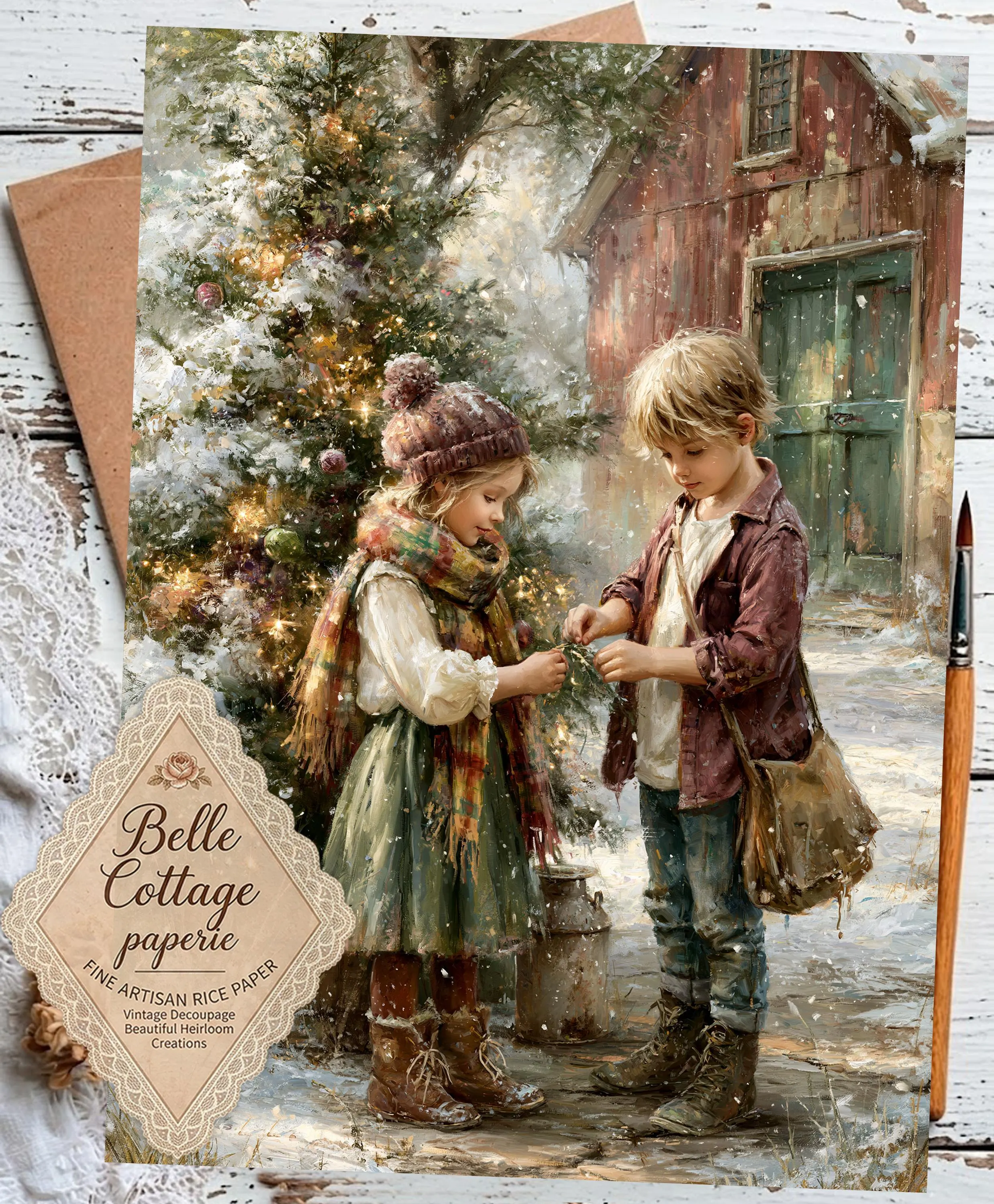 Vintage Christmas Children Mulberry Rice Paper for Decoupage | Cozy Winter Cottage Kids | Holiday Family Craft Paper | Christmas Tree Decor - image 4