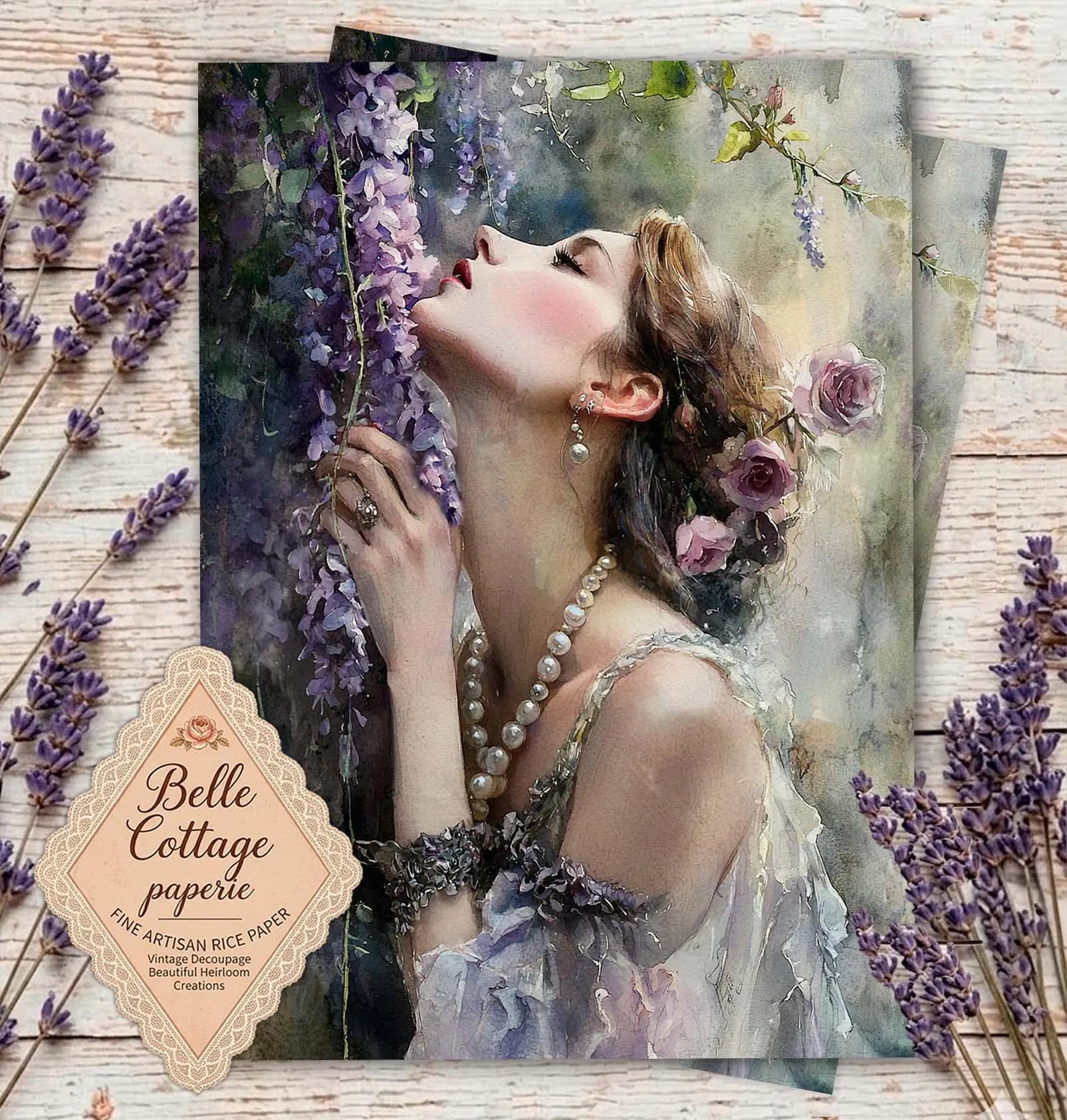 Victorian Woman with Lavender Blossoms Rice Paper for Decoupage, Romantic Floral Portrait, Vintage Purple Cottage Art, Rice Paper A4 - image 3