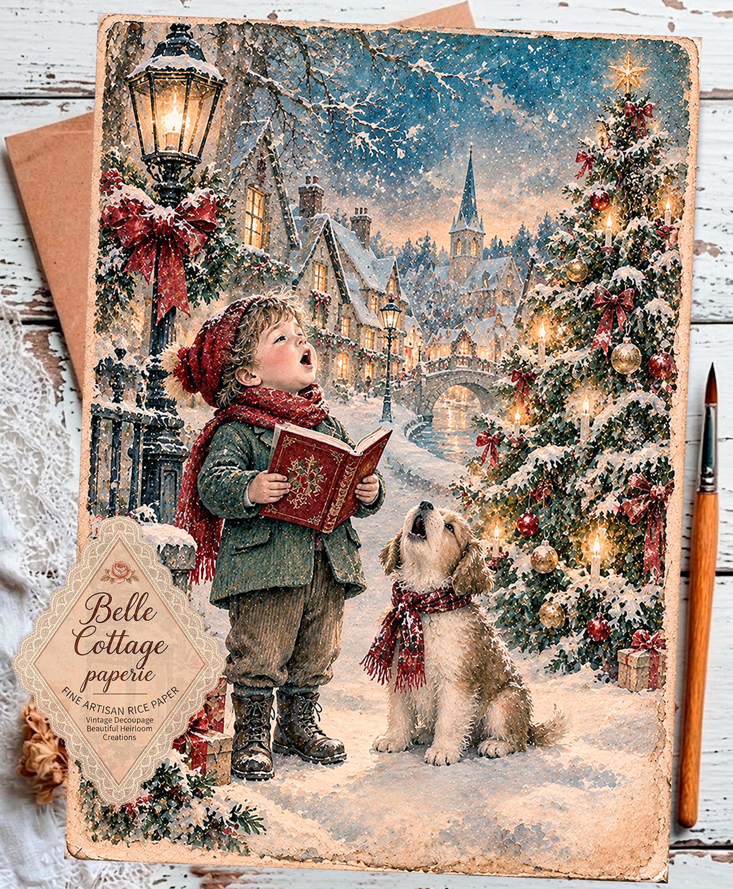 Christmas Boy Rice Paper, Christmas Storybook Decoupage Paper, Boy & Puppy Winter Scene, Vintage Christmas Decor, A4 Rice Paper N17 - image 3
