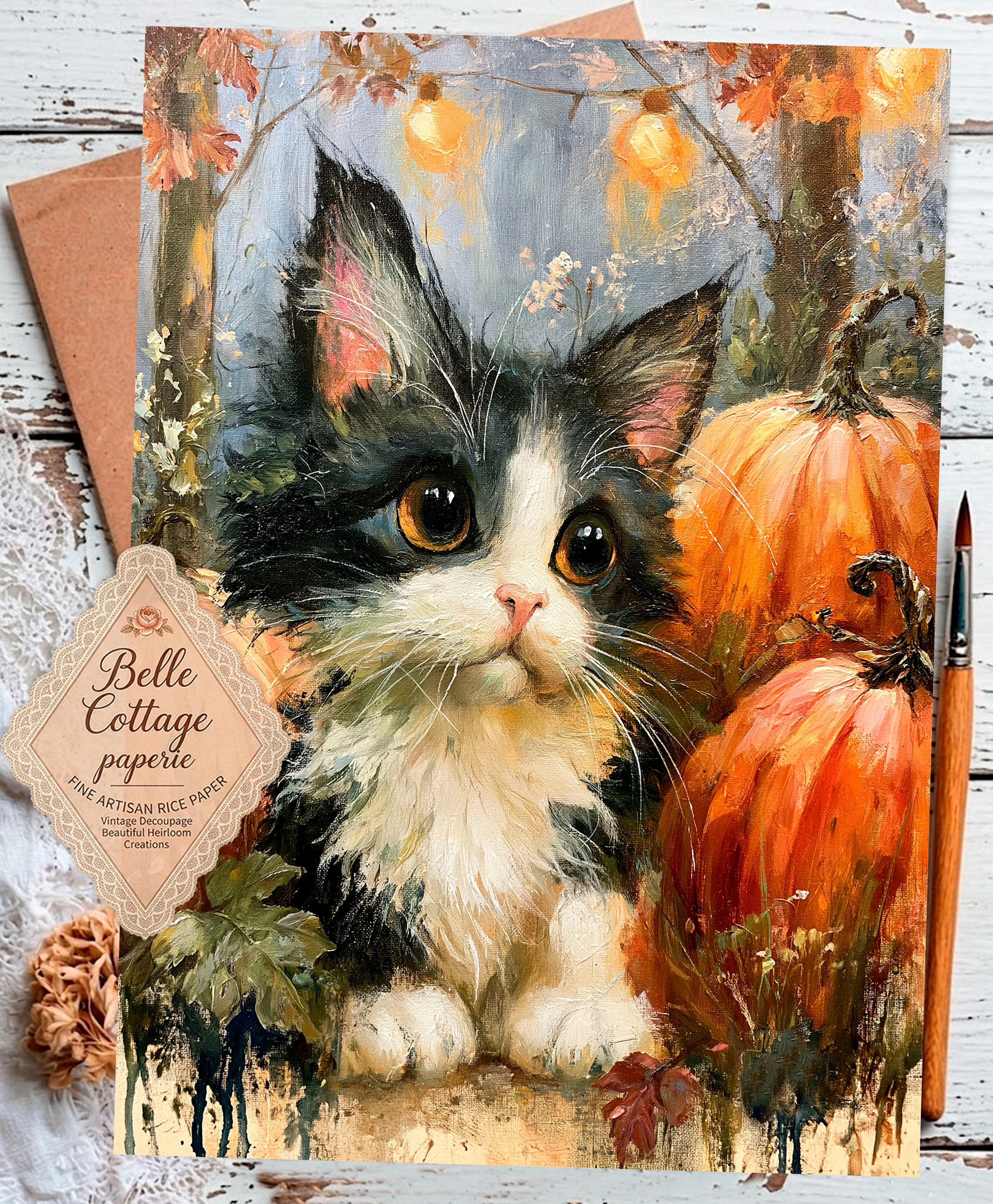 Vintage Halloween Cat Rice Paper for Decoupage, Cute Black & White Kitten with Pumpkins, Autumn Cottage Decor, Mulberry Rice Paper DIY - image 4