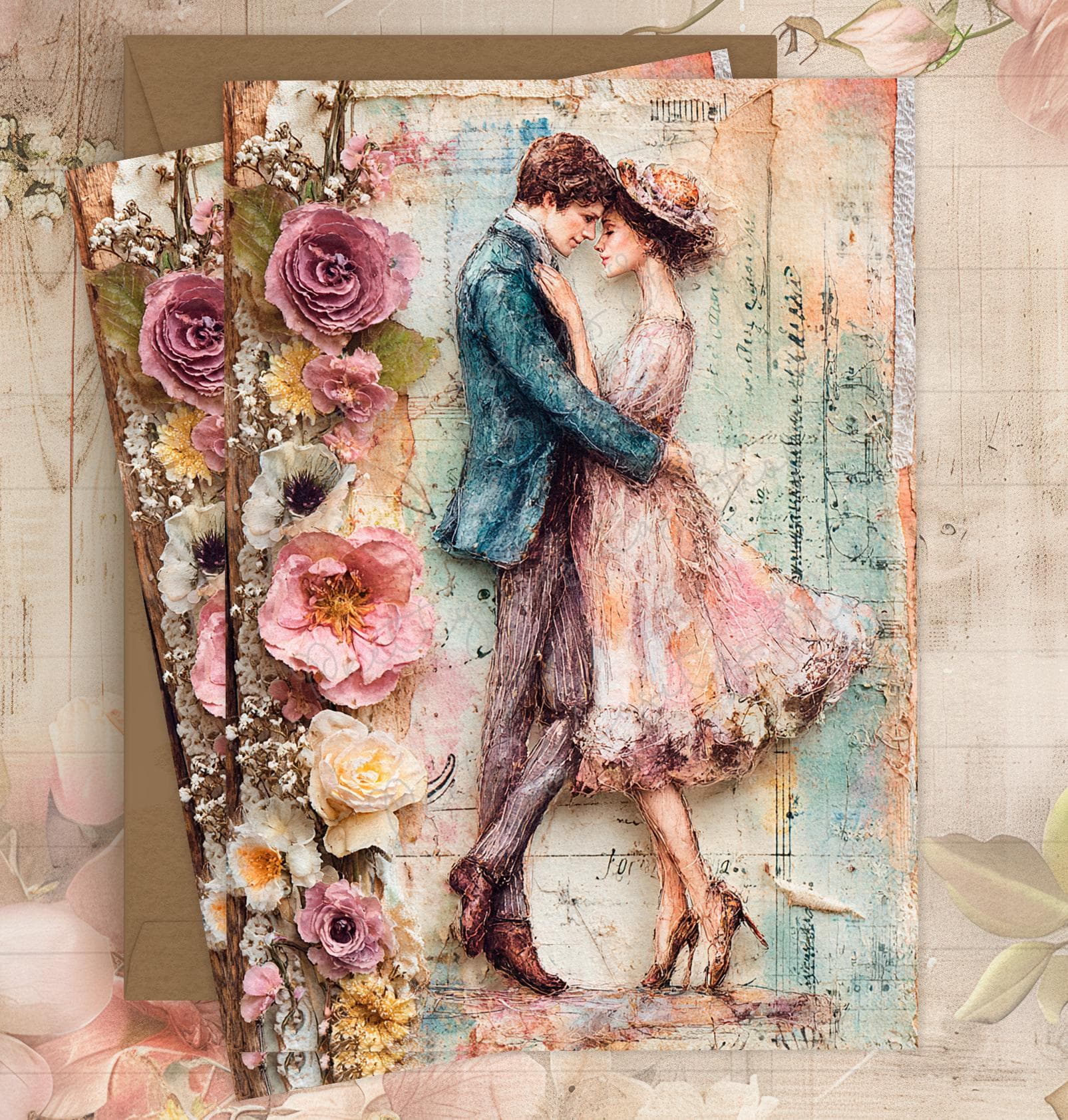 Vintage Romantic Couple Rice Paper for Decoupage, Shabby Chic Victorian Mulberry Paper A4, French Country Art Paper for Mixed Media DIY - image 3