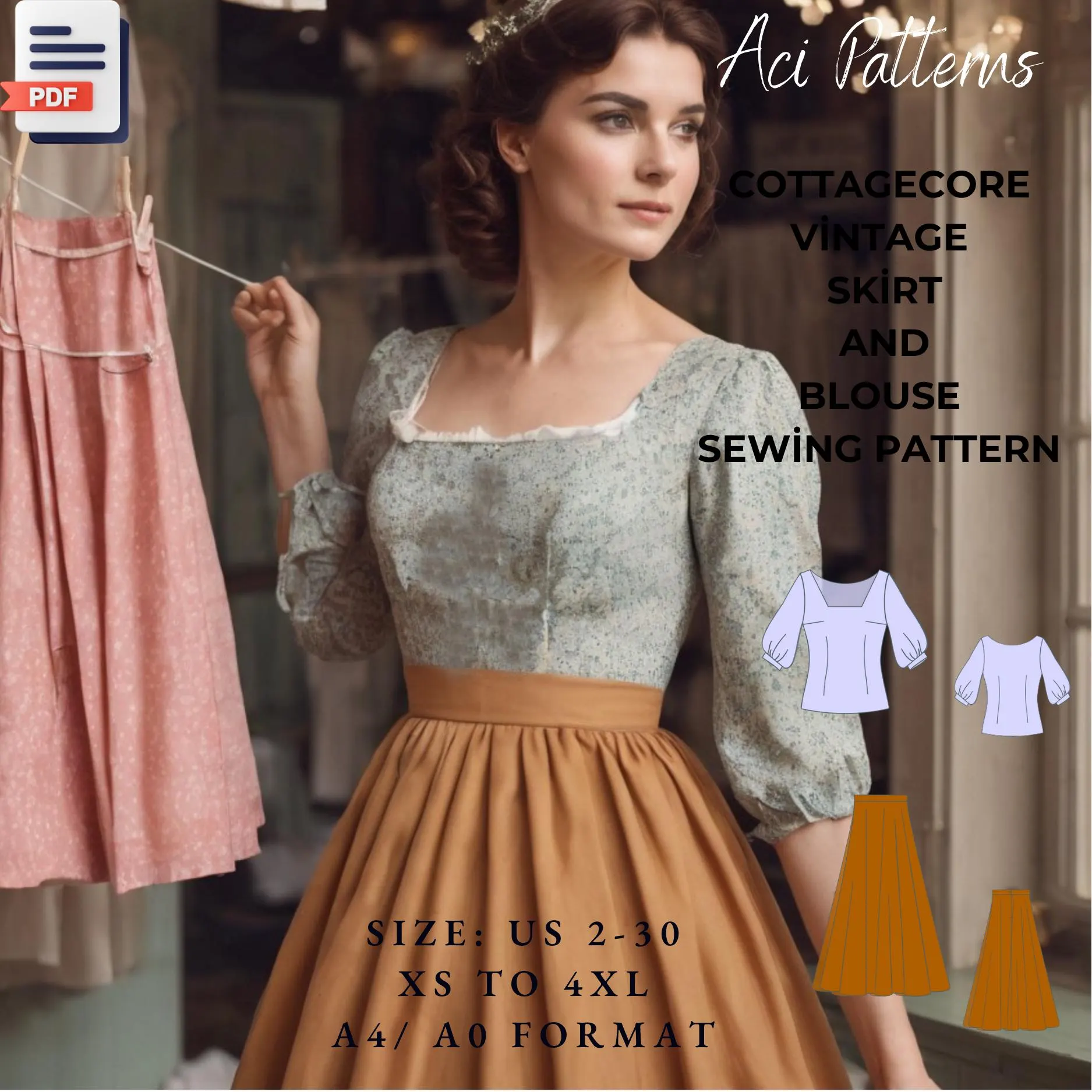 Cottagecore Vintage Skirt And Blouse Sewing Pattern, Flare Skirt,Sleeve Blouse,Knee Lenght Skirt,Square neck blouse,2 TO 30 (PDF Pattern) - image 3