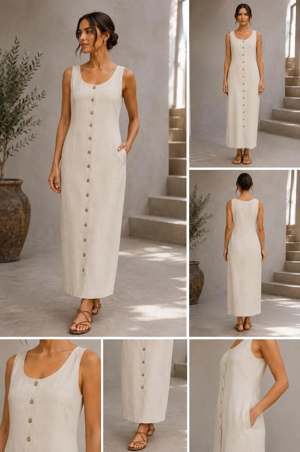 Cocoon Maxi Dress Sewing Pattern PDF, Button Front Dress Pattern, Round Scoop Neck Dress, Sleeveless Linen Dress with Pockets, Women’s PDF - image 5