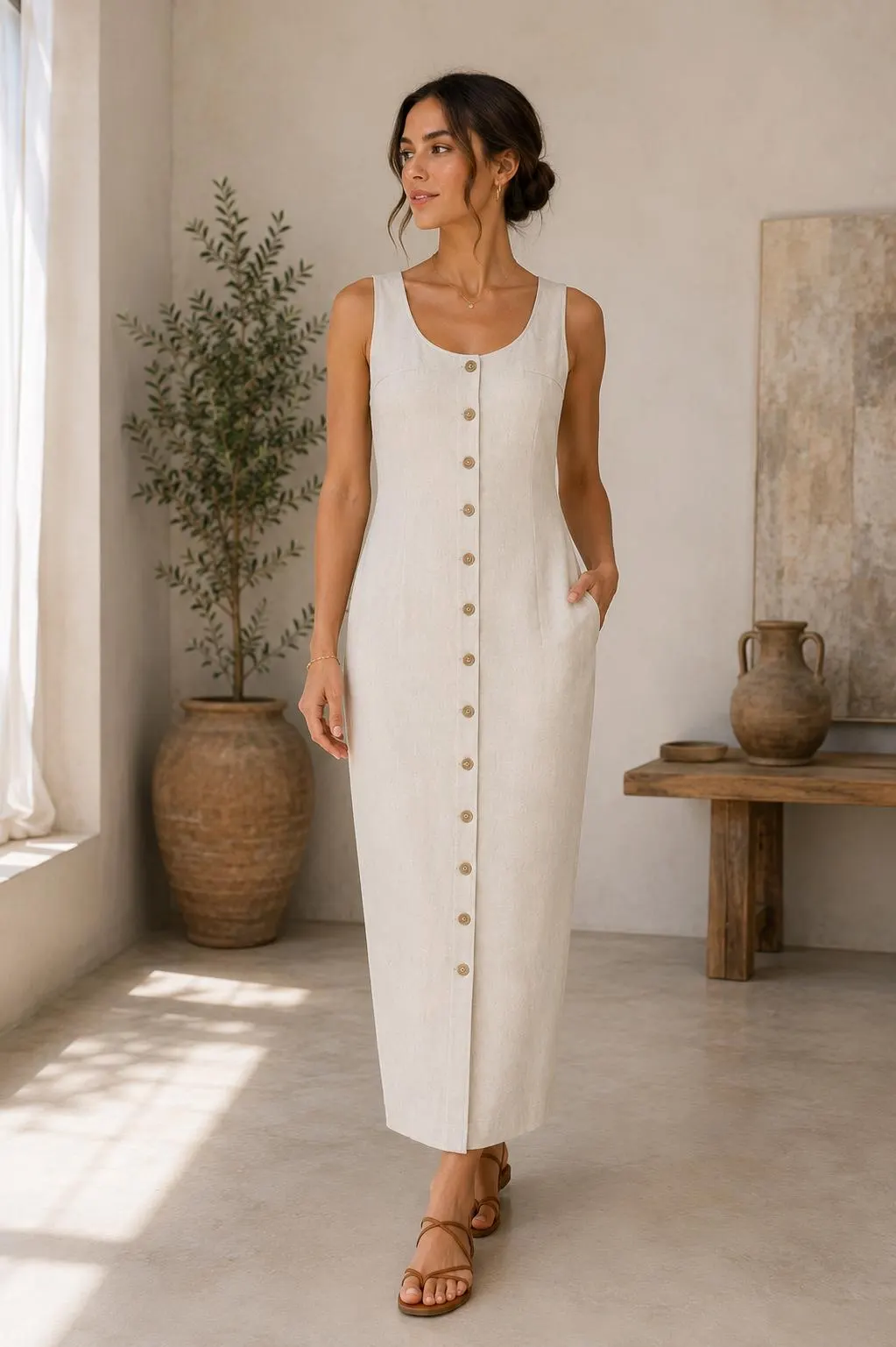 Cocoon Maxi Dress Sewing Pattern PDF, Button Front Dress Pattern, Round Scoop Neck Dress, Sleeveless Linen Dress with Pockets, Women’s PDF - image 3