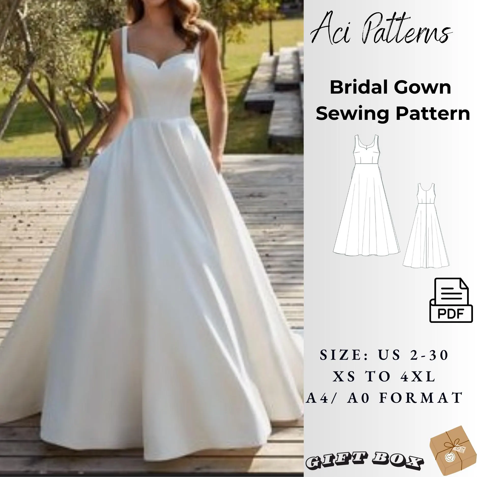Wedding Dress Sewing Model-White satin dress, Ladies size 2 to 30-A4-US LETTER-A0 Format - image 3