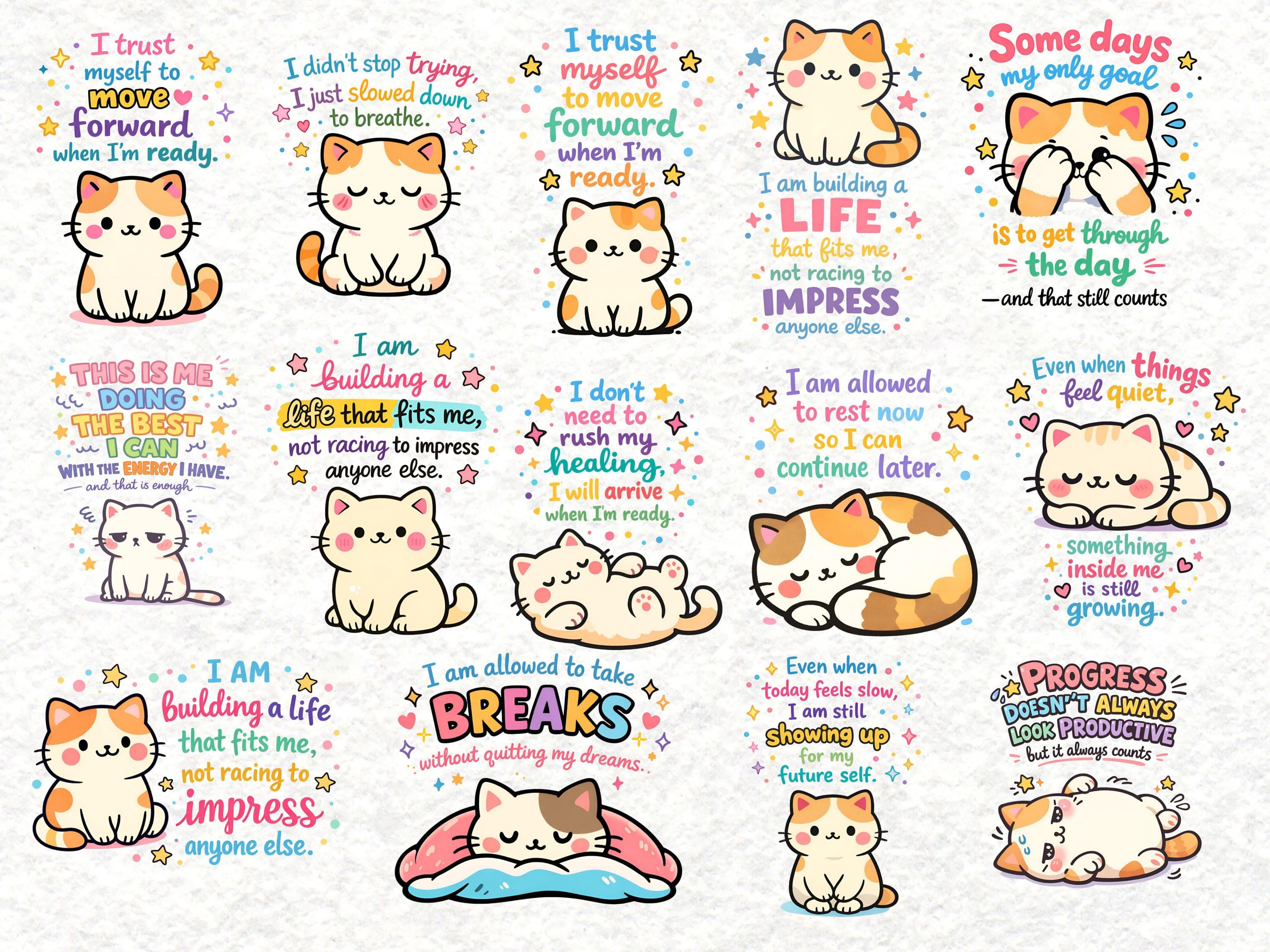 Kawaii Cat Motivational Digital Stickers | Cute Self Care Cat Stickers PNG | Mental Health Affirmation Stickers for GoodNotes - image 2