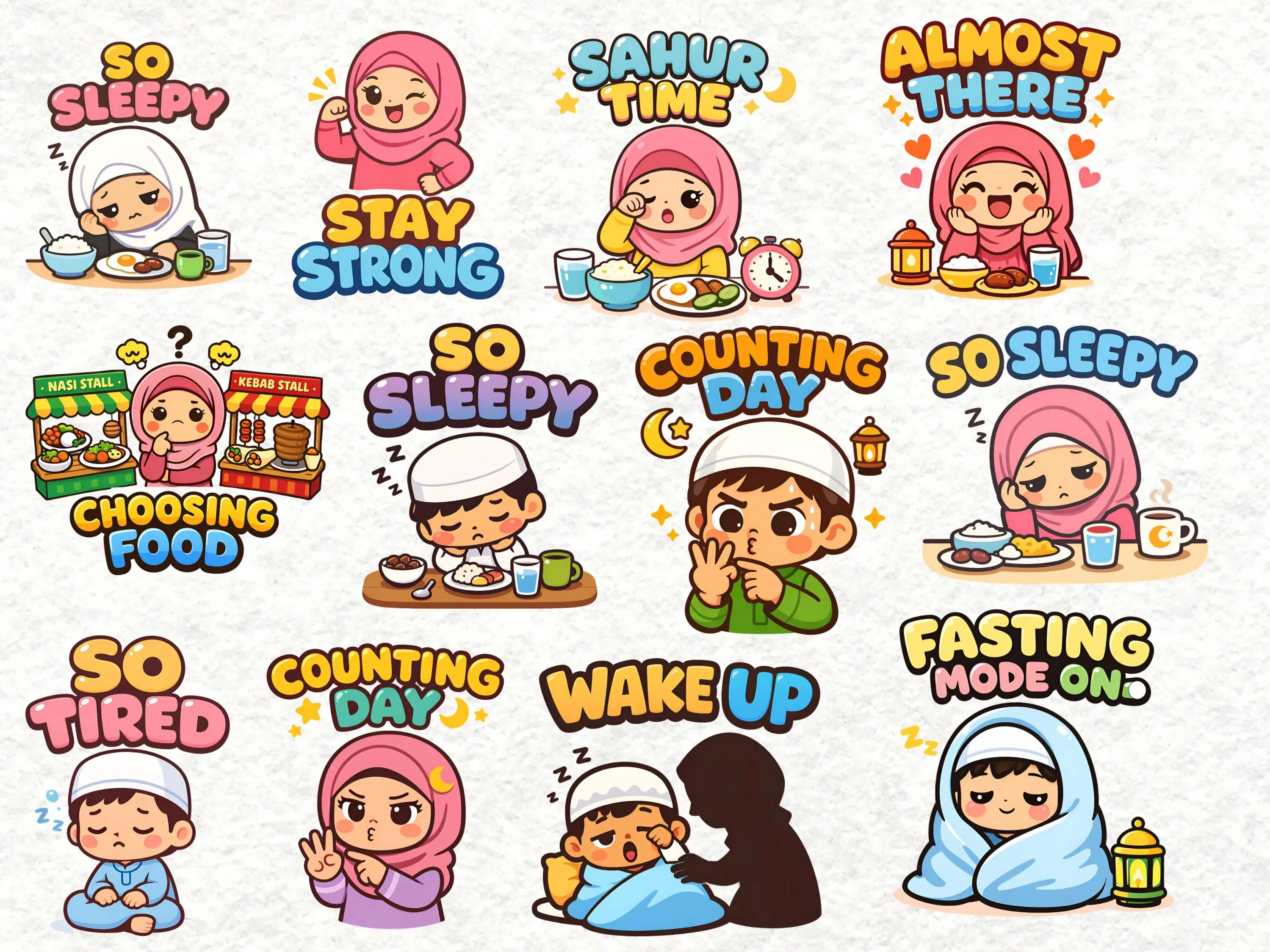 Funny Ramadan kids clipart showing children fasting
Cute Muslim kids cartoon waiting for iftar
Sleepy sahur time kids Ramadan illustration
Thinking about food funny fasting kids PNG
Muslim children Ramadan sticker design
Islamic kids clipart with fasting expressions