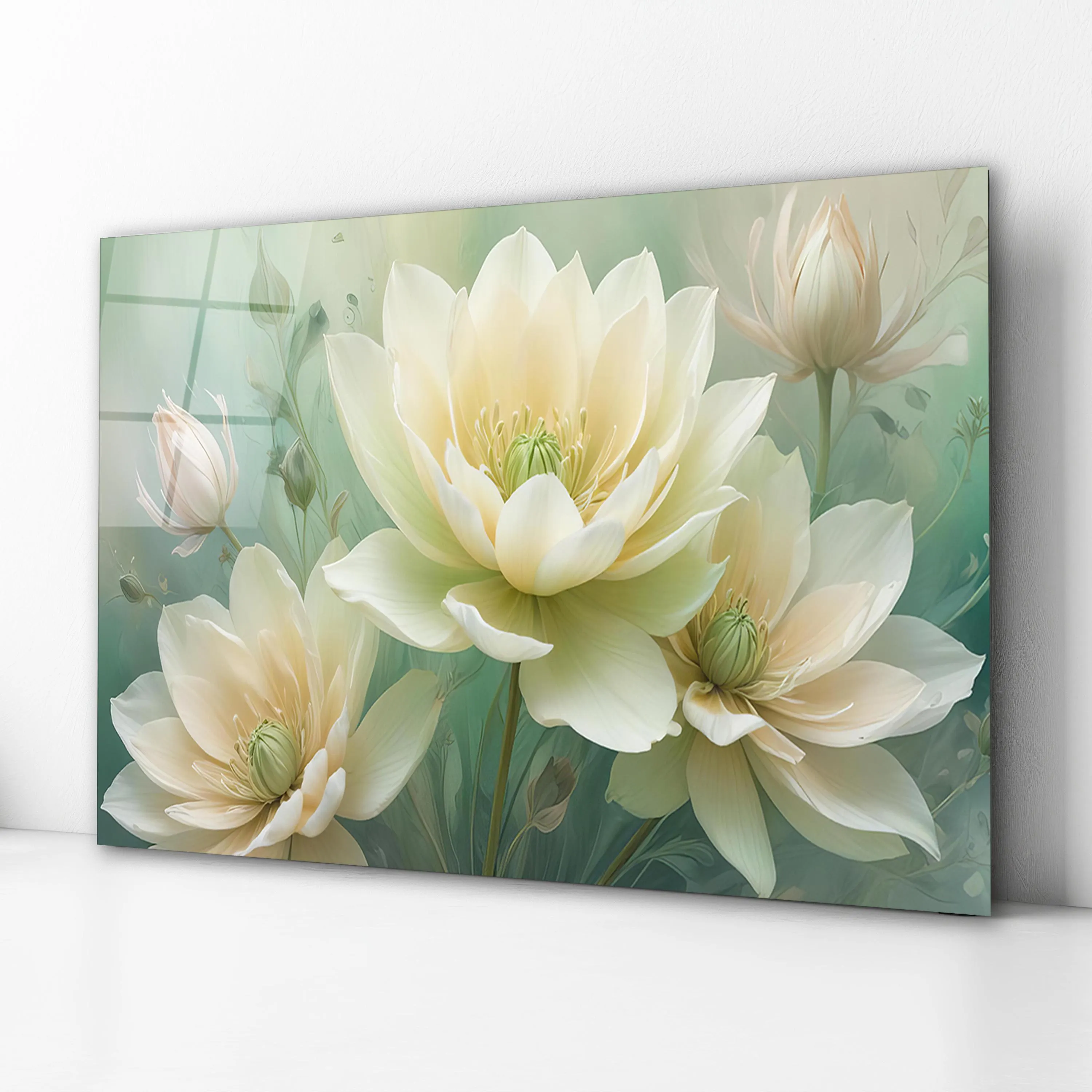 Delicate White Flowers Glass Wall Art, Elegant Floral Tempered Glass Decor, Living Room Art, Luxury Wall Decor, Wall Hangings, New Home Gift