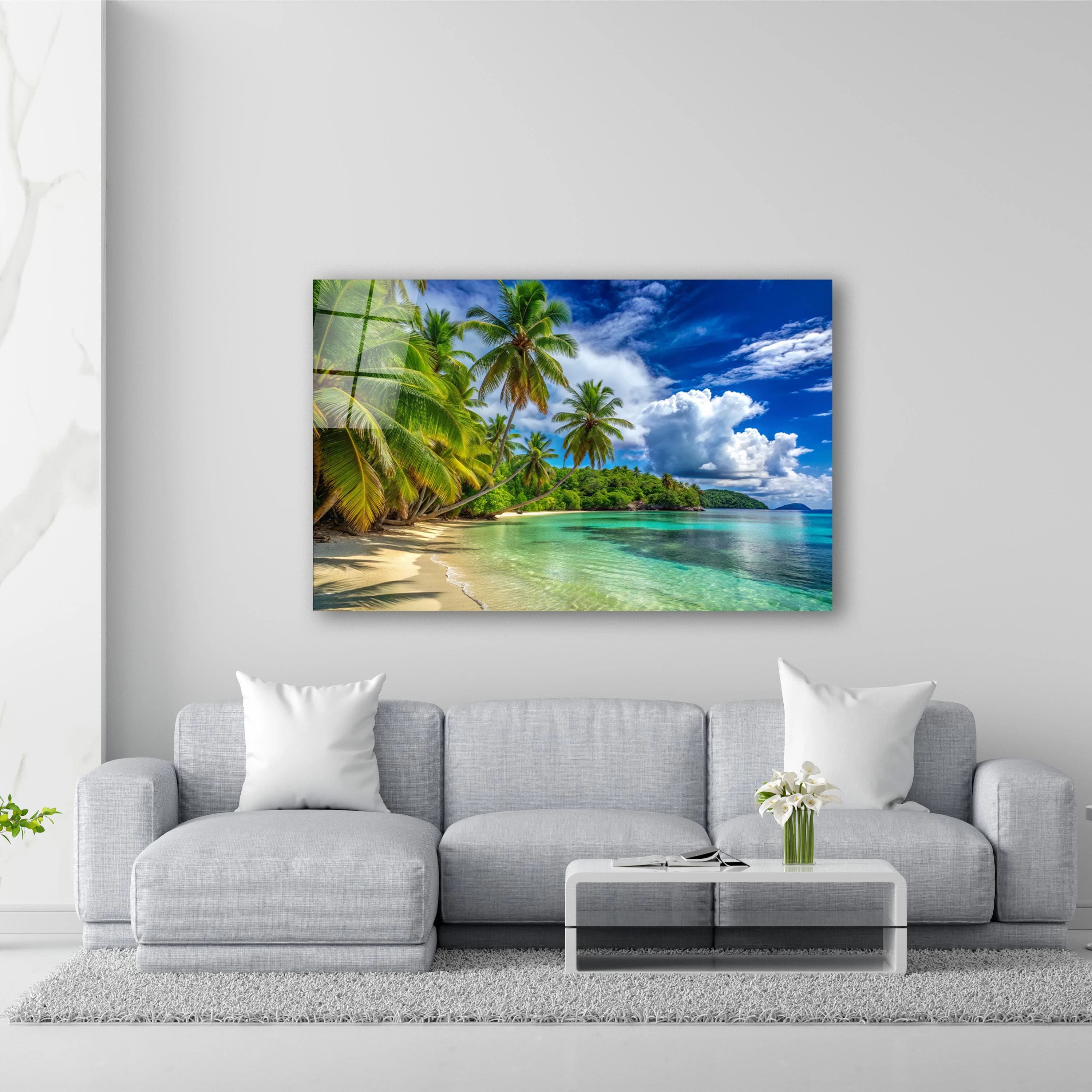 Tropical Beach Glass Wall Art, Palm Trees Tempered Glass Decor, Coastal Wall Art, Living Room Decoration, Housewarming Gifts, Wall Hangings