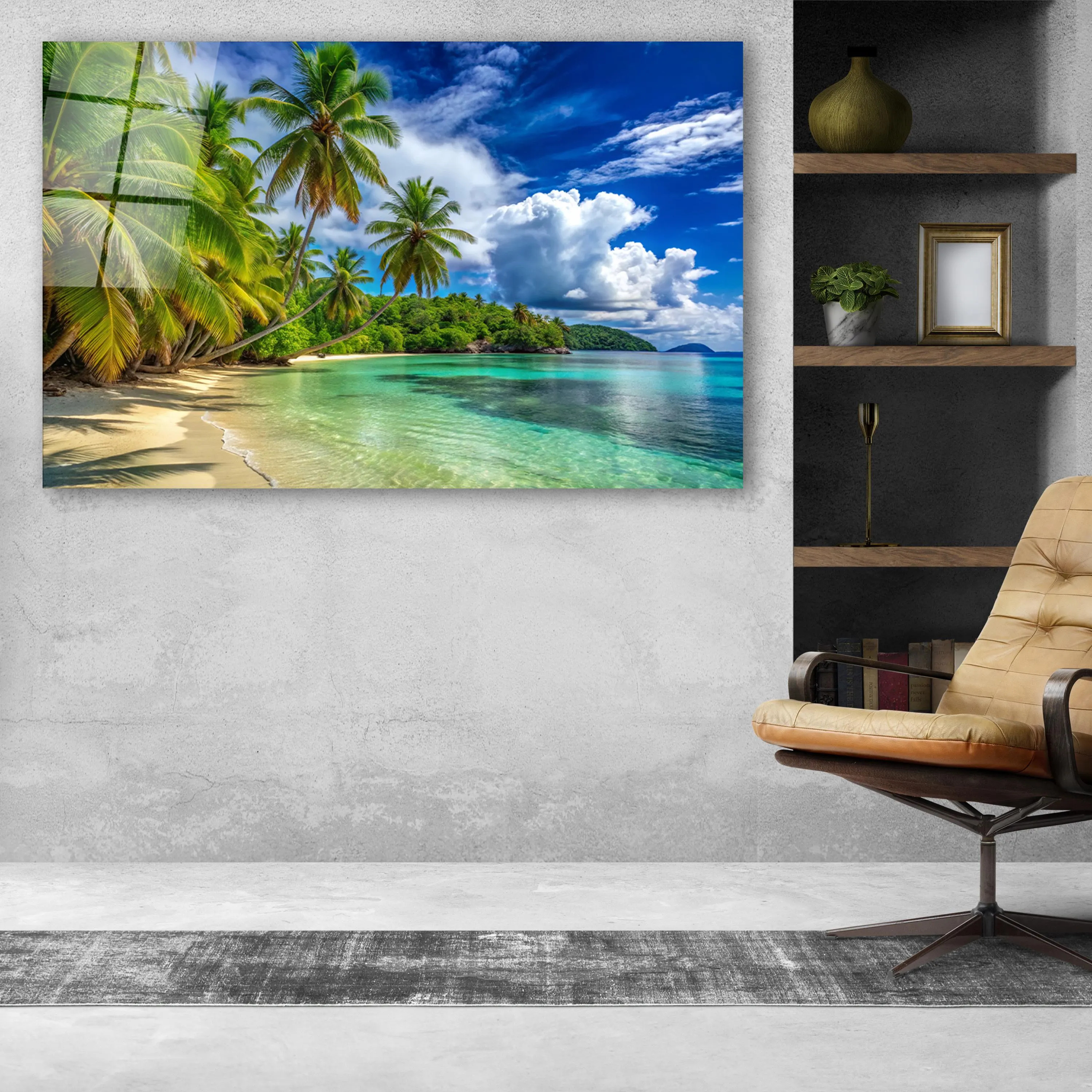 Tropical Beach Glass Wall Art, Palm Trees Tempered Glass Decor, Coastal Wall Art, Living Room Decoration, Housewarming Gifts, Wall Hangings