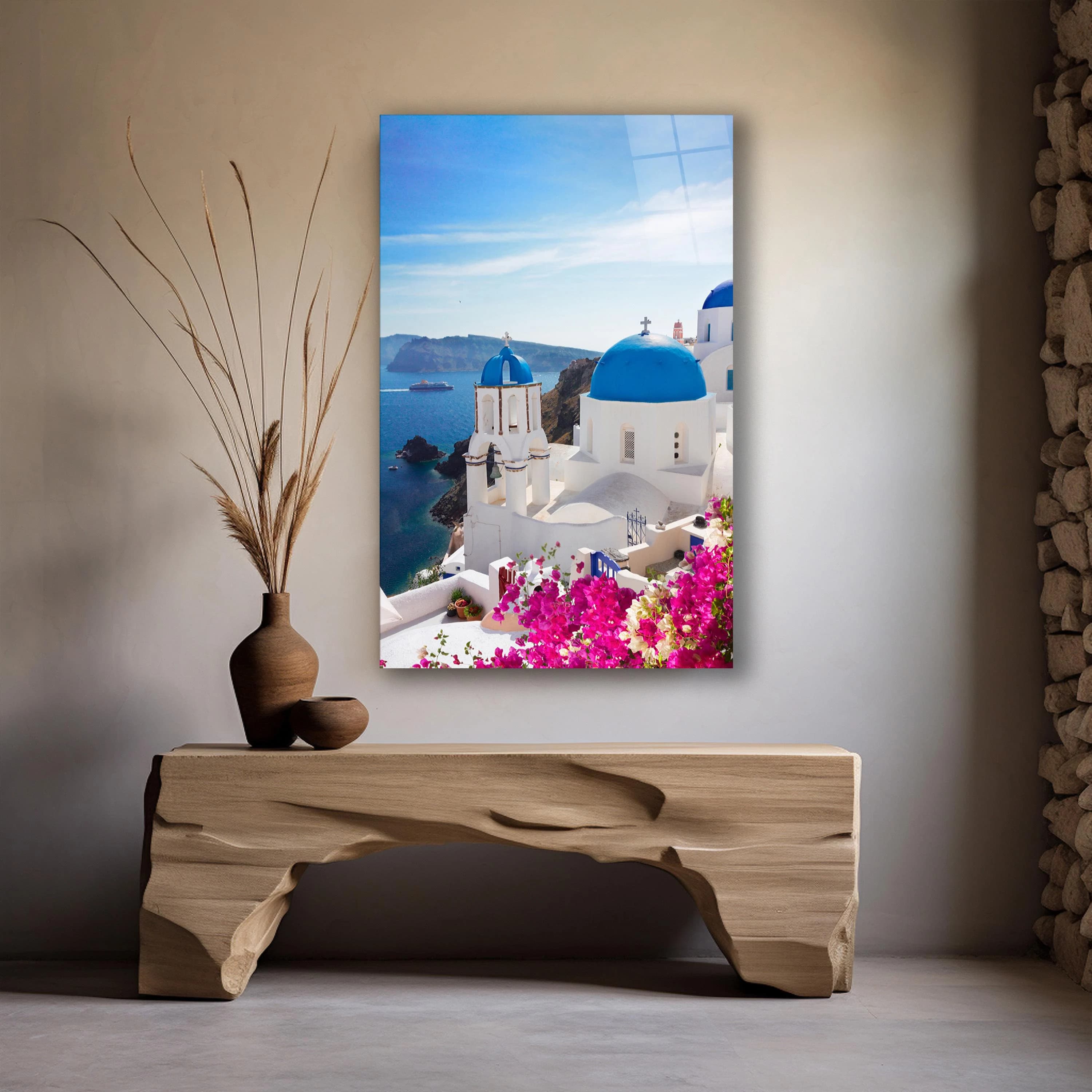 Santorini Greece Glass Wall Art, Greek Island Tempered Glass Decor, New Home Gifts, Birthday Gifts, Large Wall Art, Interior Design Ideas