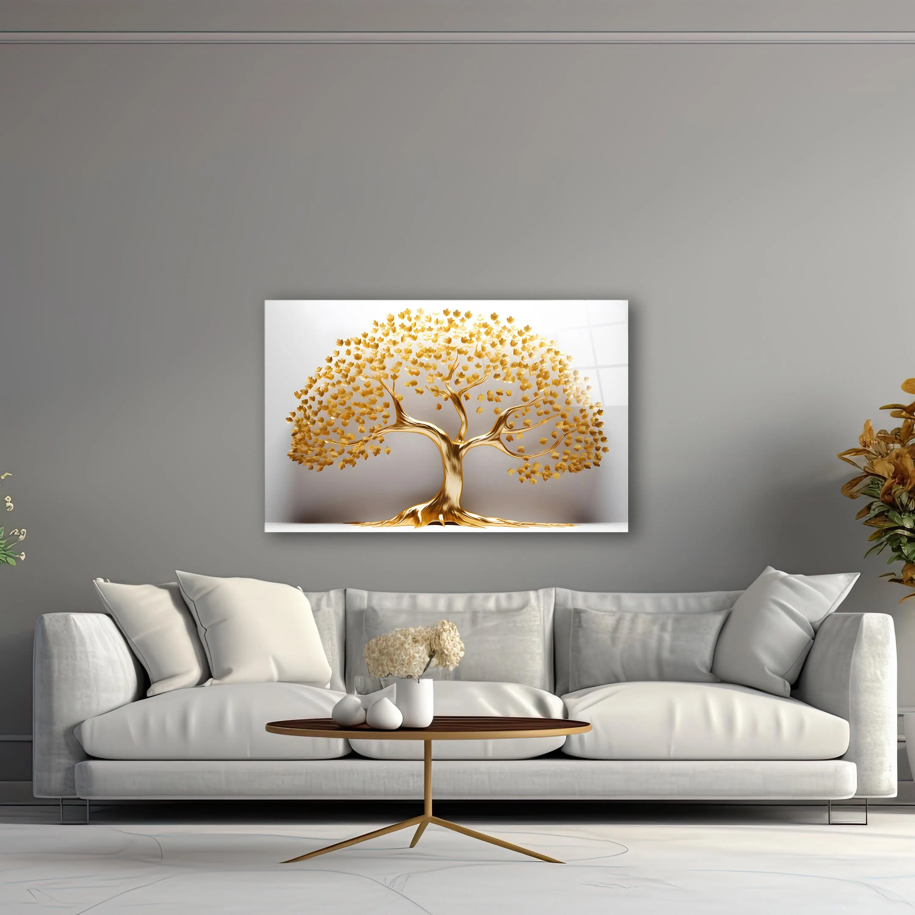 Elegant Golden Tree Glass Wall Art, Luxury Tempered Glass Decor, Living Room Art, Tree of Life Glass Print, Housewarming Gifts, Home Decor