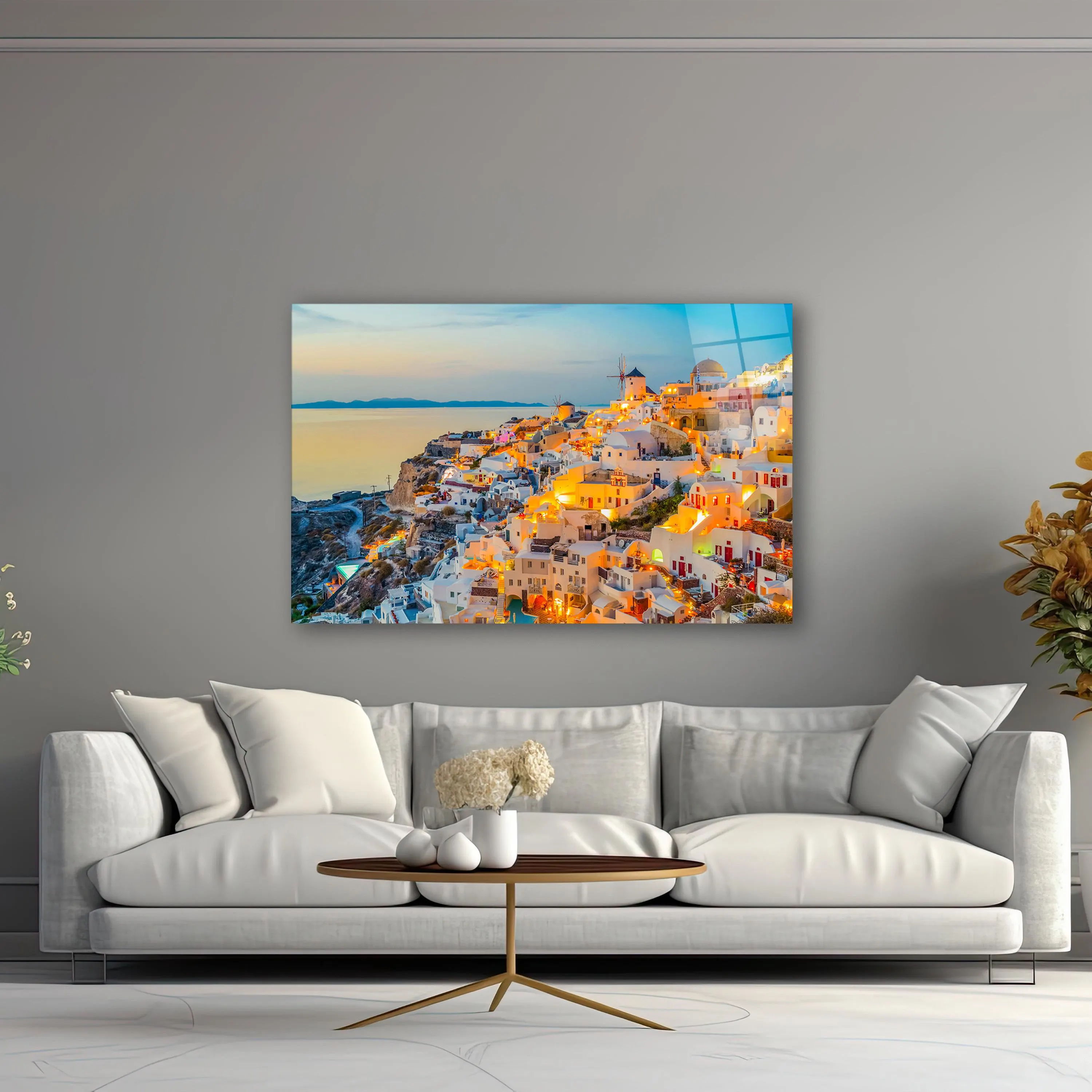 Santorini at Night Glass Wall Art, Greek Island Tempered Glass Print, Greece Wall Decor, Anniversary Gifts, New Home Gifts, Wall Hangings