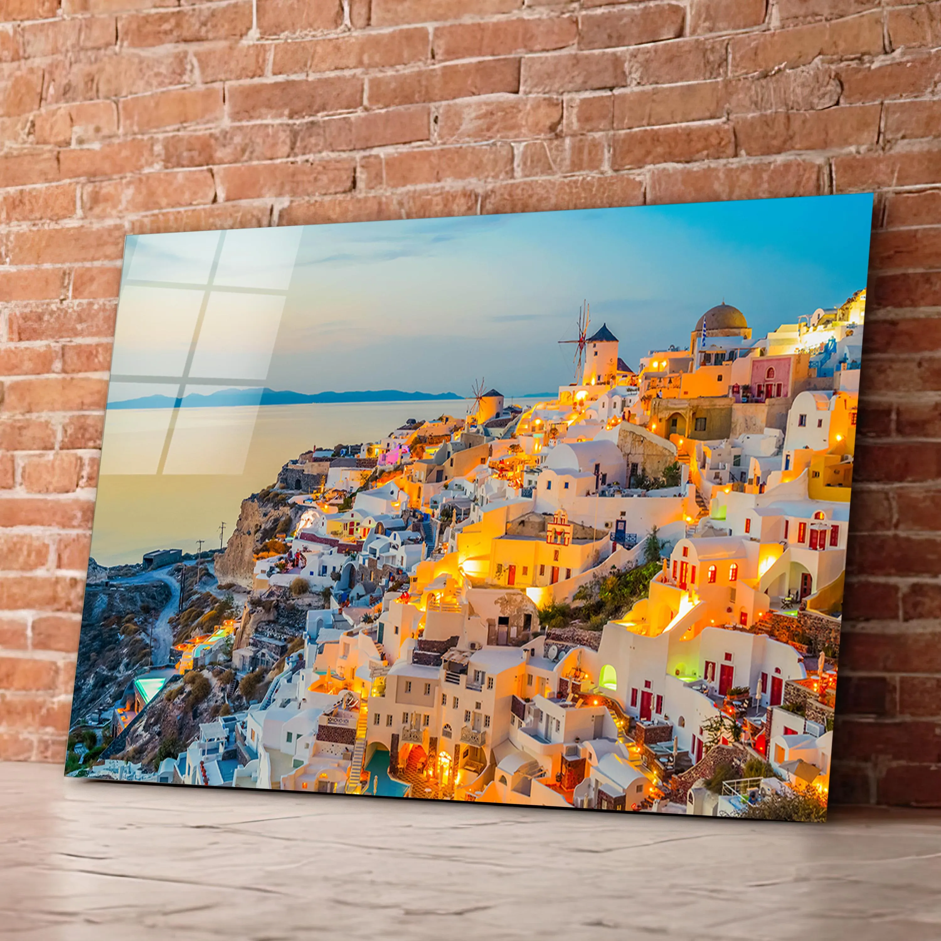 Santorini at Night Glass Wall Art, Greek Island Tempered Glass Print, Greece Wall Decor, Anniversary Gifts, New Home Gifts, Wall Hangings