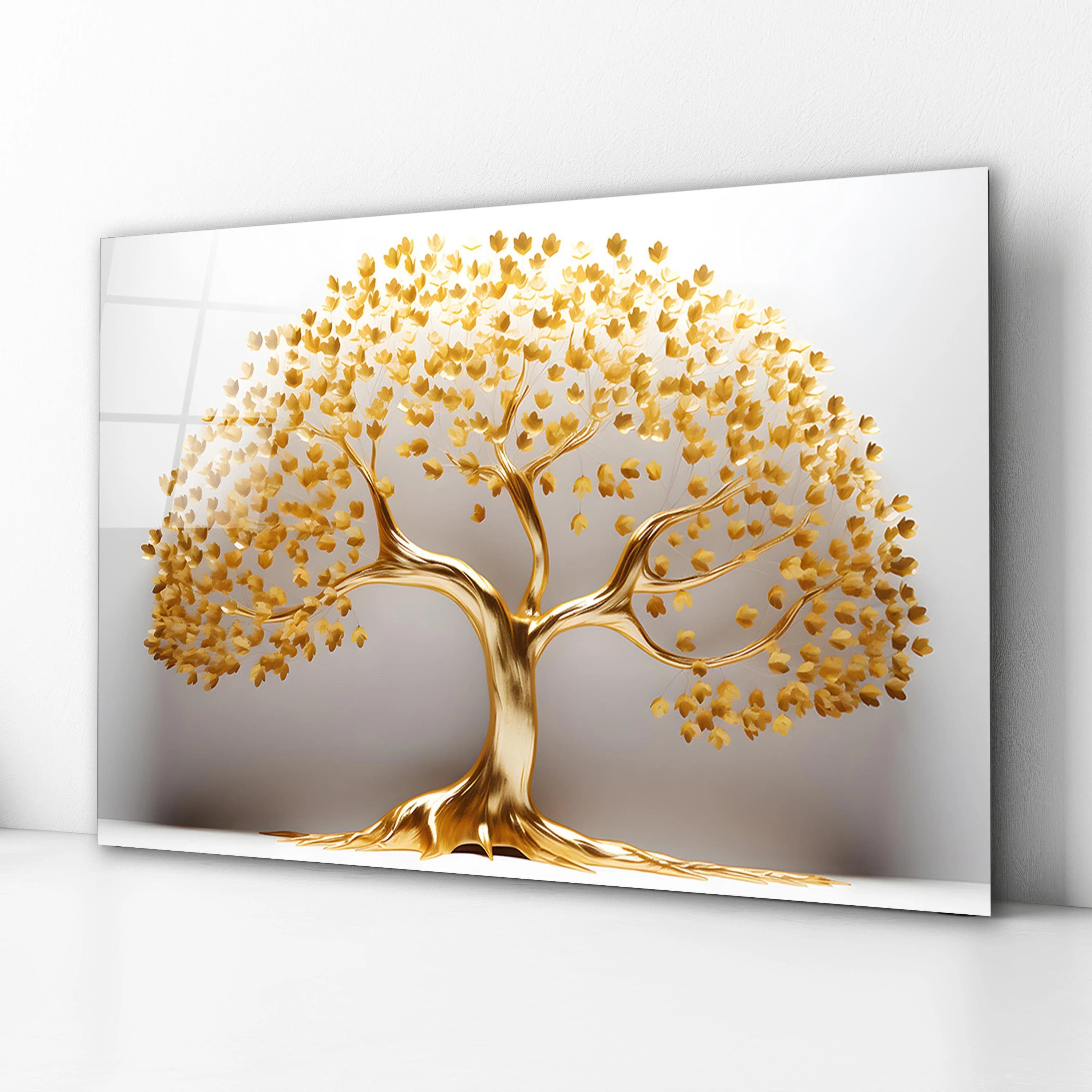 Elegant Golden Tree Glass Wall Art, Luxury Tempered Glass Decor, Living Room Art, Tree of Life Glass Print, Housewarming Gifts, Home Decor