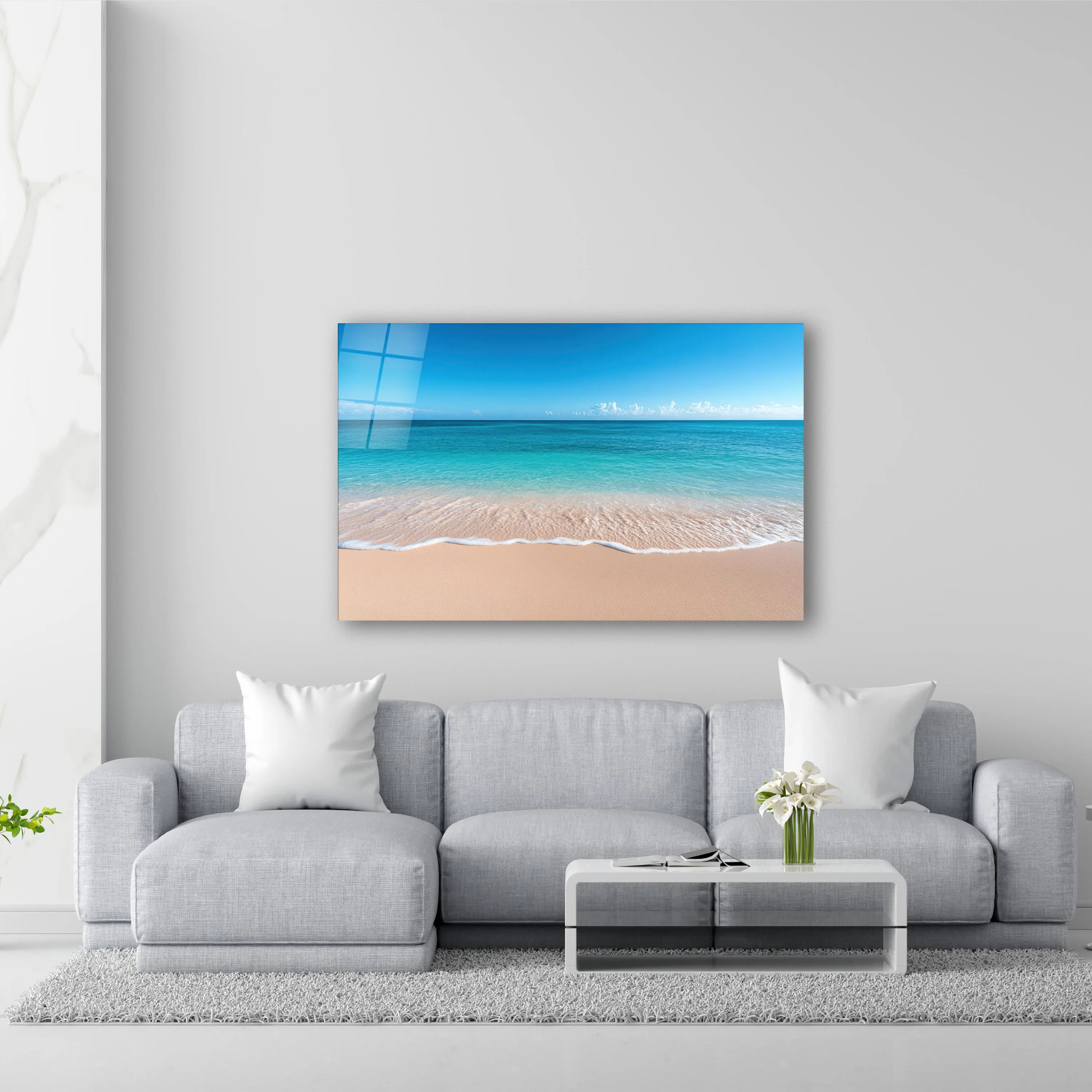 Coastal Glass Wall Art, Sandy Beach Tempered Glass Decor, Ocean Glass Print, Living Room Art, Anniversary Gifts, New Home Gifts, Home Decor, Panoramic Landscape Wall Art