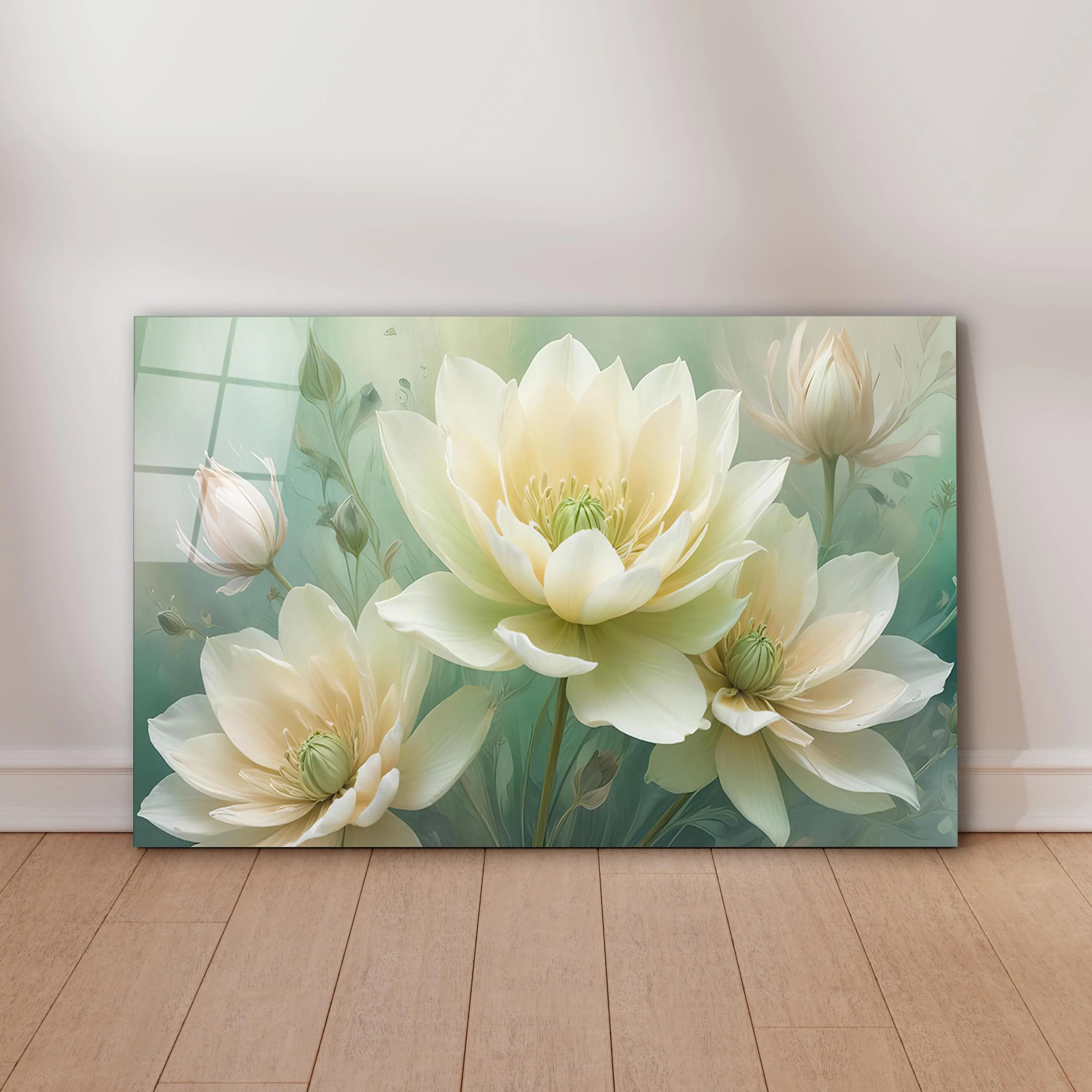Delicate White Flowers Glass Wall Art, Elegant Floral Tempered Glass Decor, Living Room Art, Luxury Wall Decor, Wall Hangings, New Home Gift