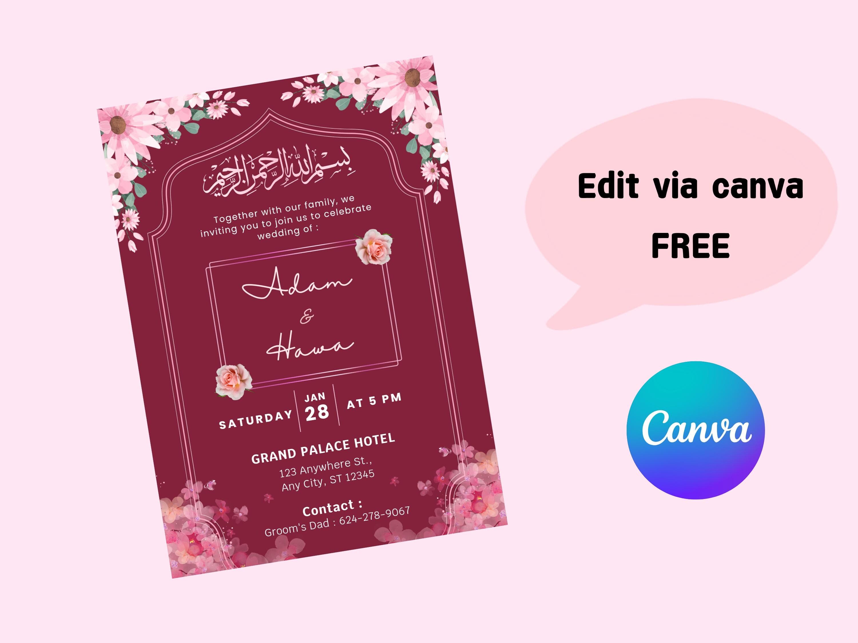 Muslim Wedding Invitation, Islamic Nikah Invitation Template, Burgundy Pink Floral Muslim Wedding Invite, Digital Muslim Wedding Invitation - image 5