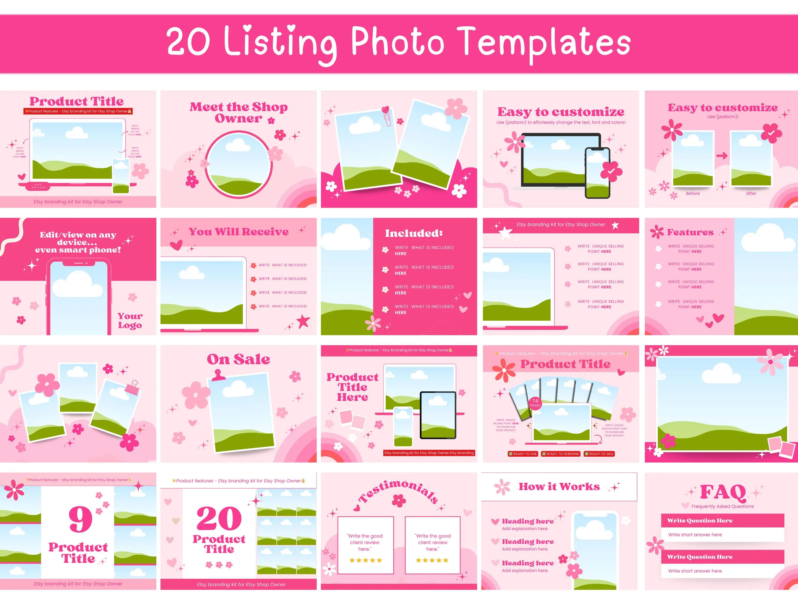 Pink Etsy Shop Branding Bundle | Canva Templates for Etsy Sellers | Banners, Listing Templates, Icons & Thank You Cards - image 3