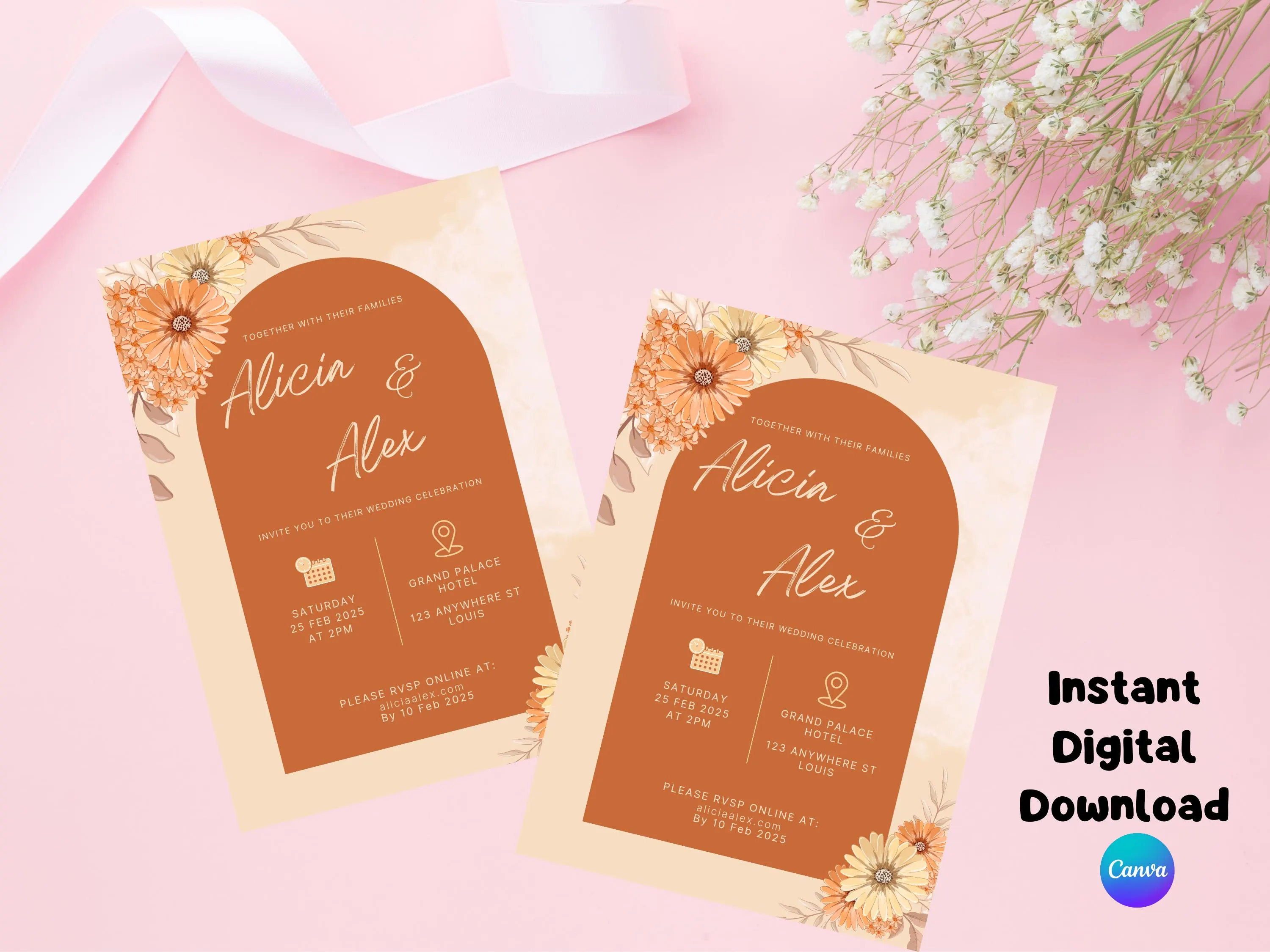 Wedding Invitation, Nikah Invitation Template, Orange Flower Wedding Invite, Digital Wedding Invitation - image 5