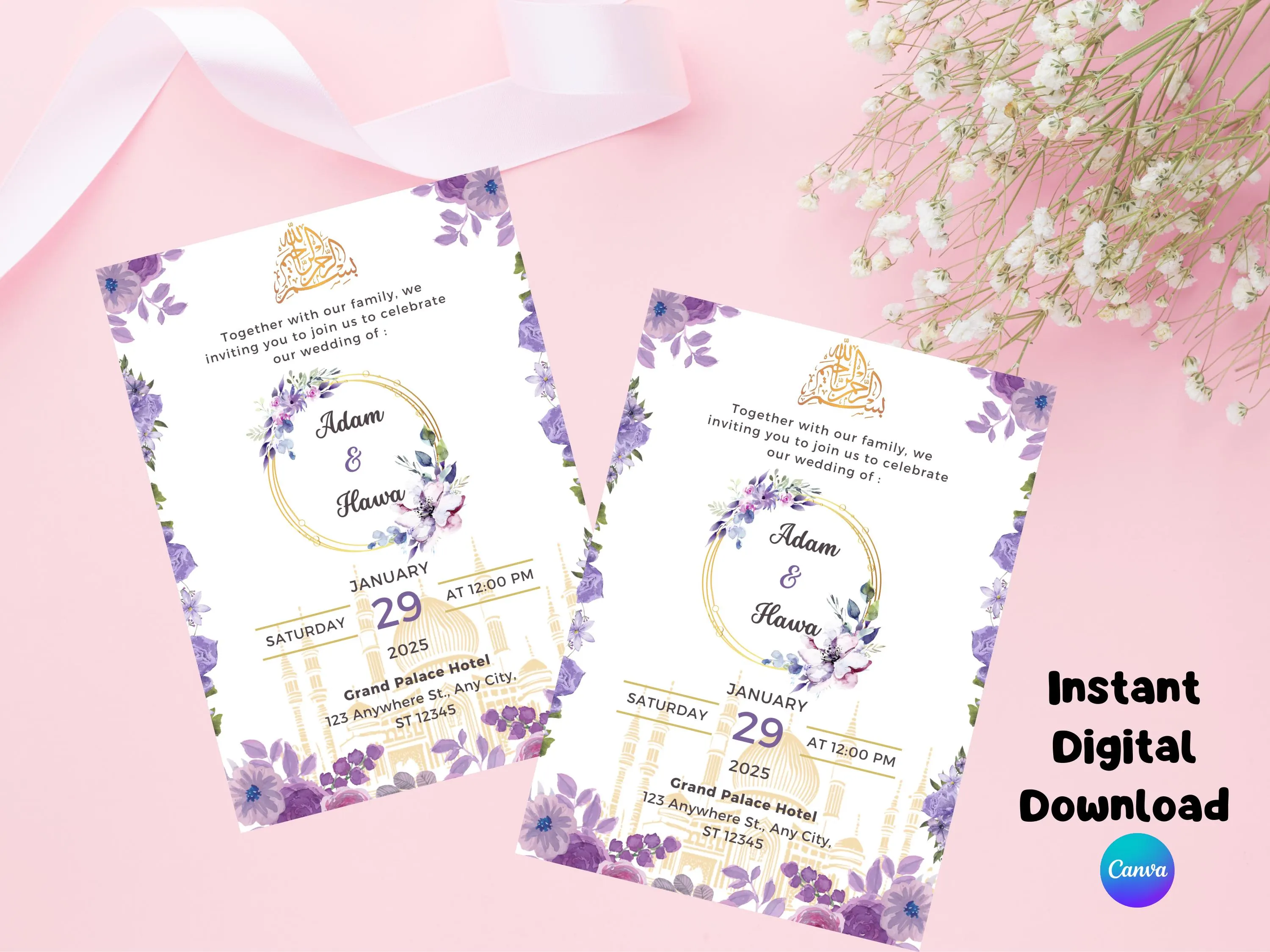 Wedding Invitation Muslim, Islamic Nikah Invitation Template, Purple Gold Aesthetic Muslim Wedding Invite,Digital Muslim Wedding Invitation - image 4