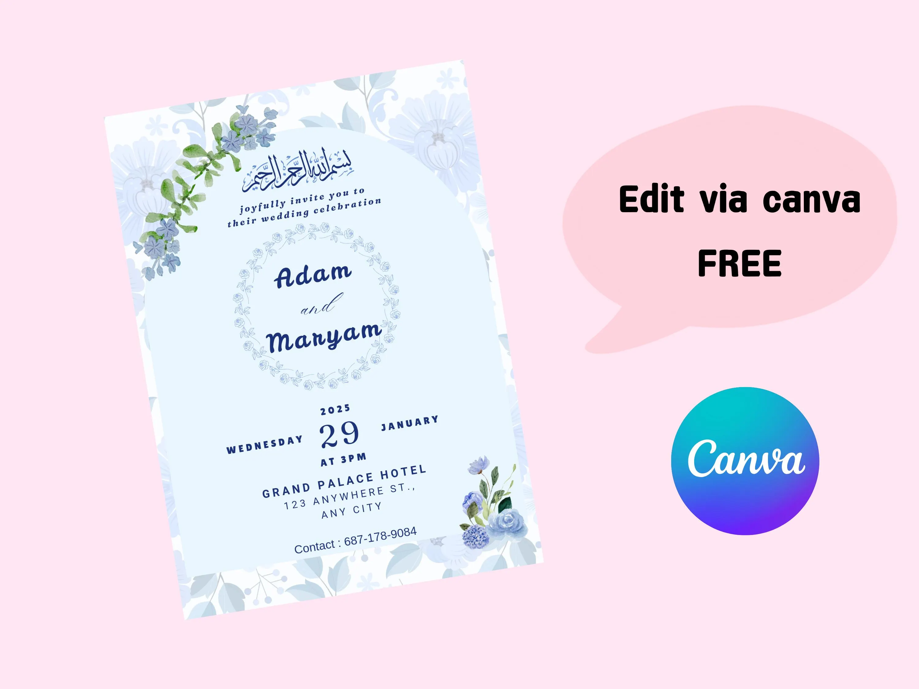 Simple Wedding Invitation Muslim, Islamic Nikah Invitation Template, Baby Blue Muslim Wedding Invite, Digital Muslim Wedding Invitation - image 5