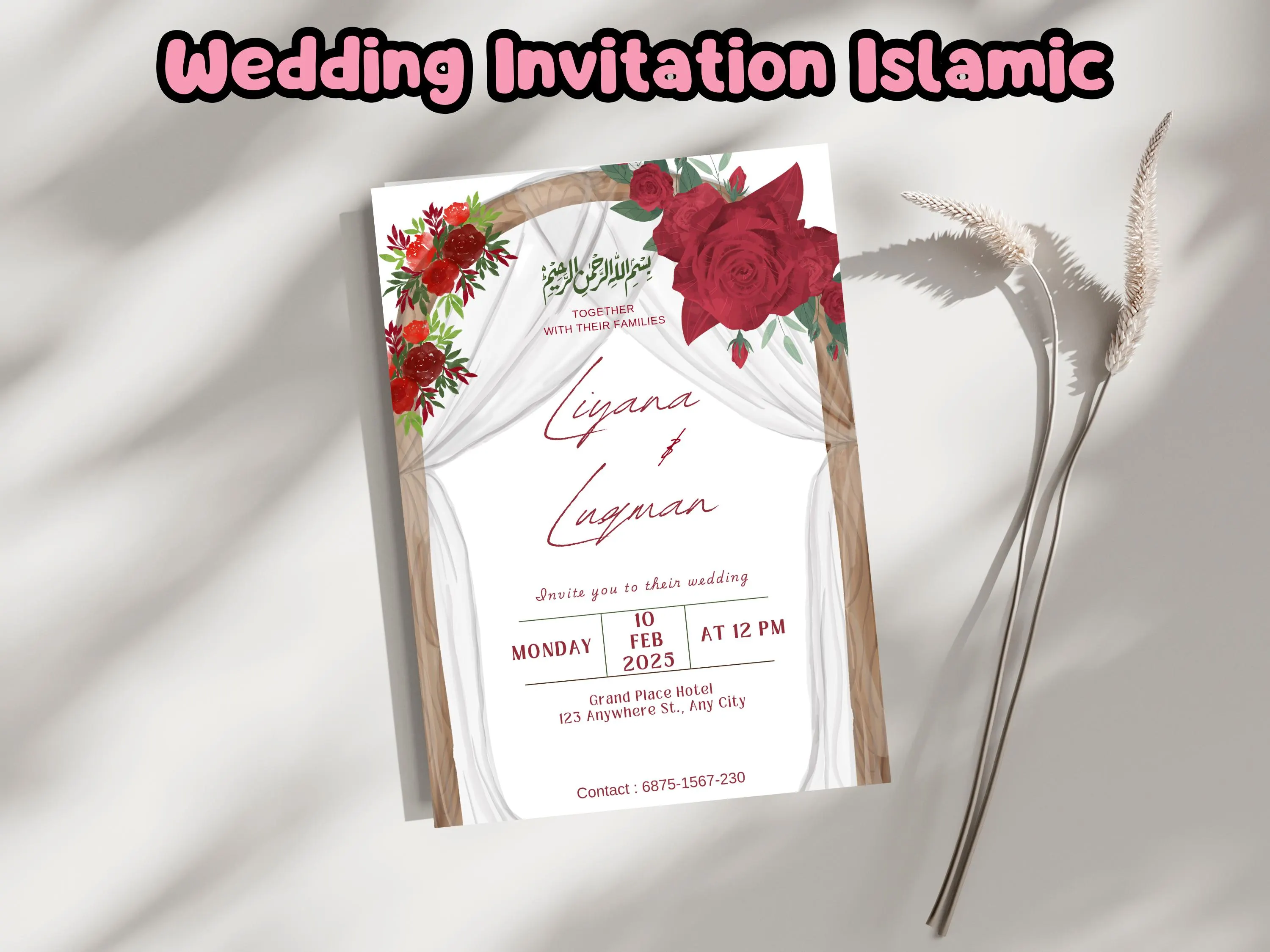 Muslim Wedding Invitation, Nikkah Invitation Template, Islamic Wedding Invitation Red Rose Arch, Nikkah Invite Digital, Instant Download - image 3