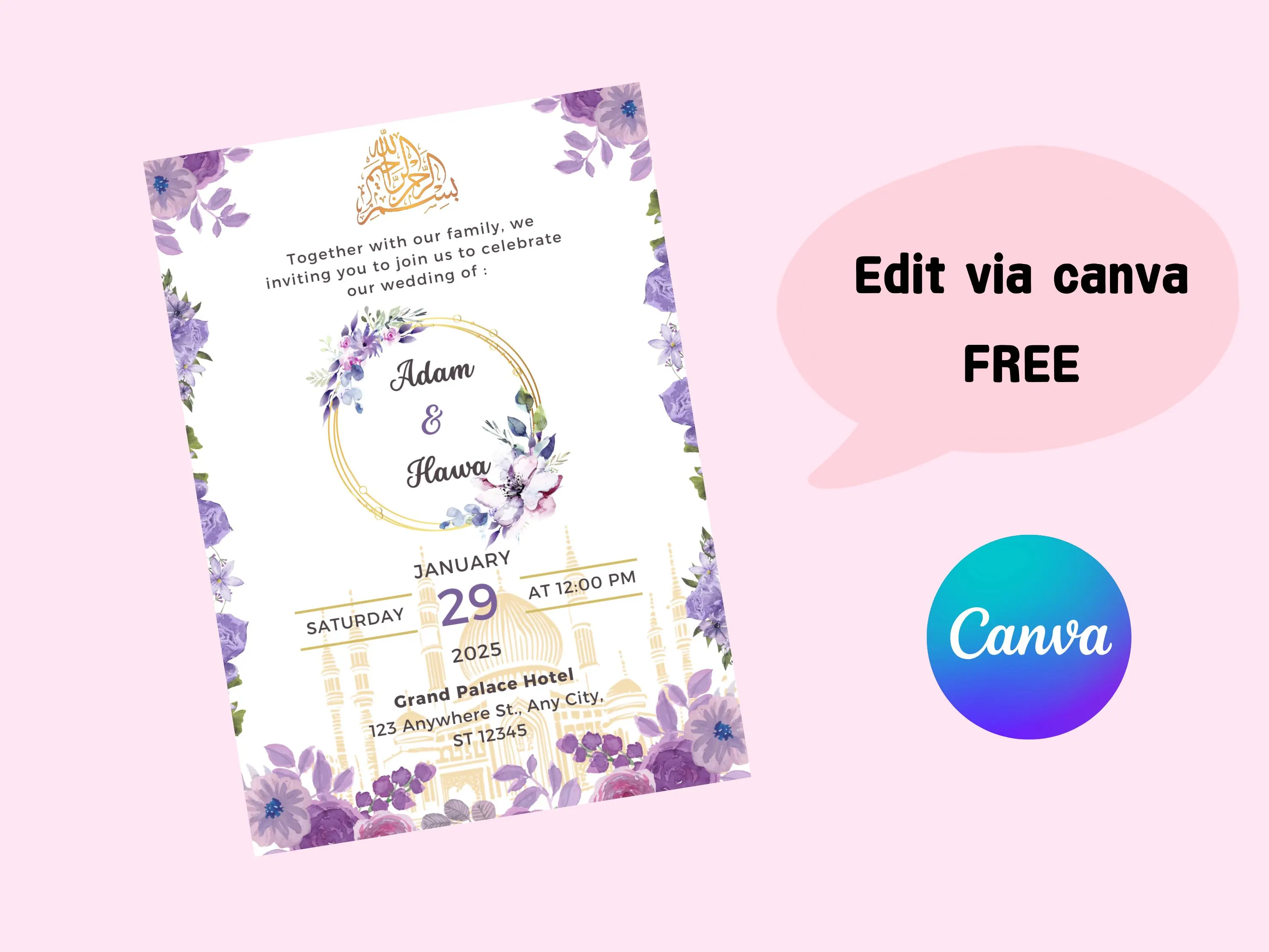 Wedding Invitation Muslim, Islamic Nikah Invitation Template, Purple Gold Aesthetic Muslim Wedding Invite,Digital Muslim Wedding Invitation - image 5