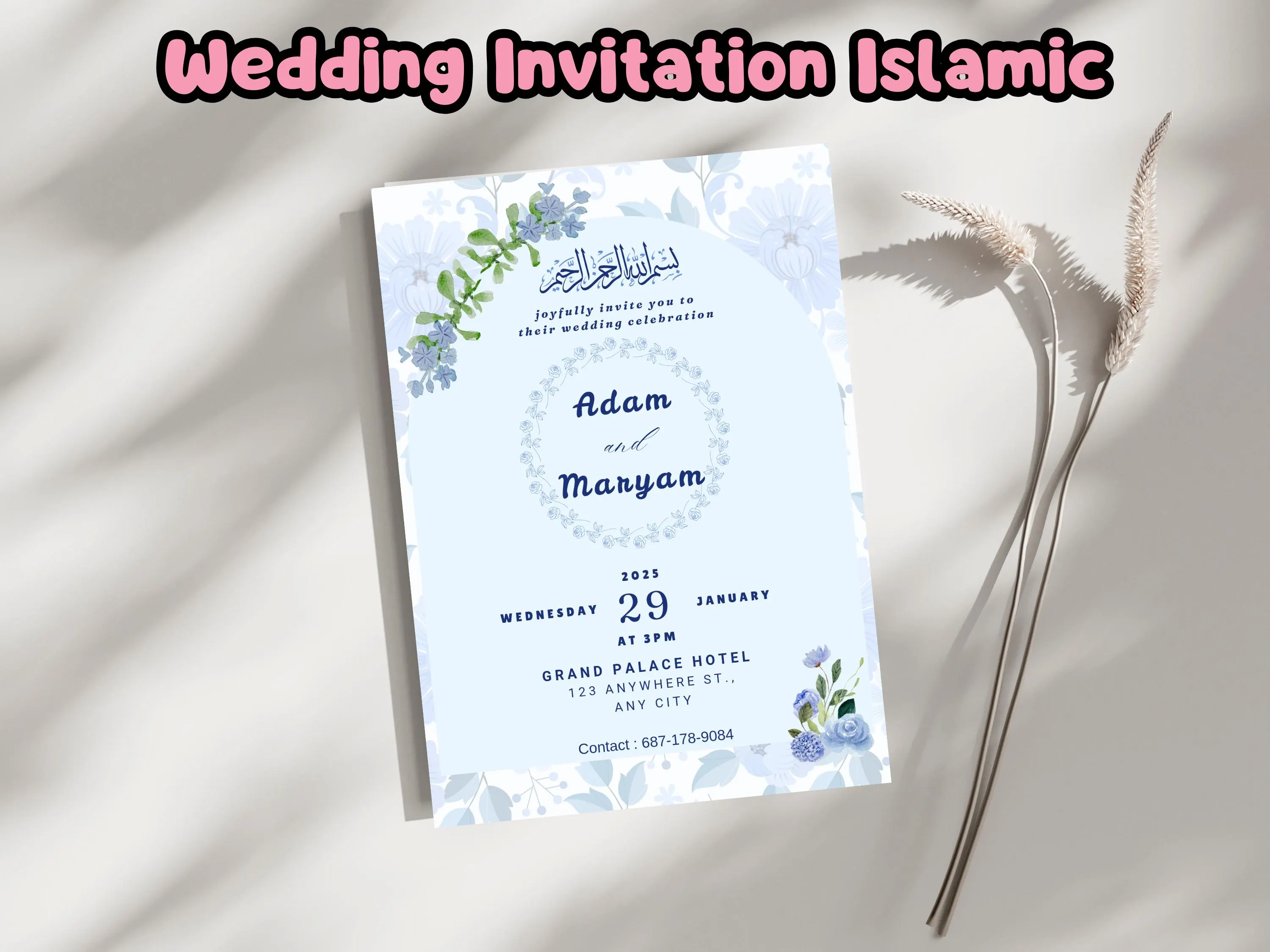 Simple Wedding Invitation Muslim, Islamic Nikah Invitation Template, Baby Blue Muslim Wedding Invite, Digital Muslim Wedding Invitation - image 3