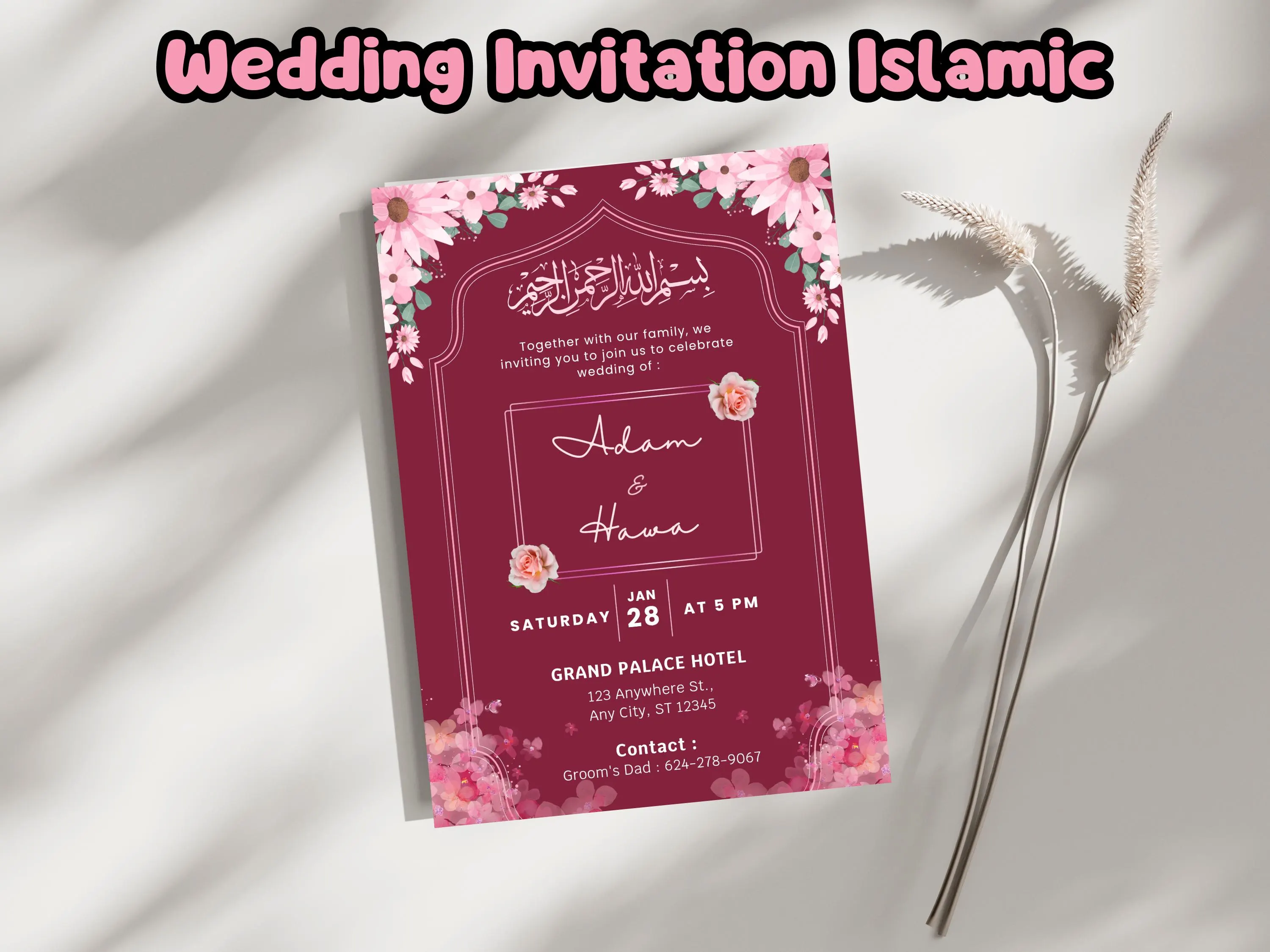 Muslim Wedding Invitation, Islamic Nikah Invitation Template, Burgundy Pink Floral Muslim Wedding Invite, Digital Muslim Wedding Invitation - image 3