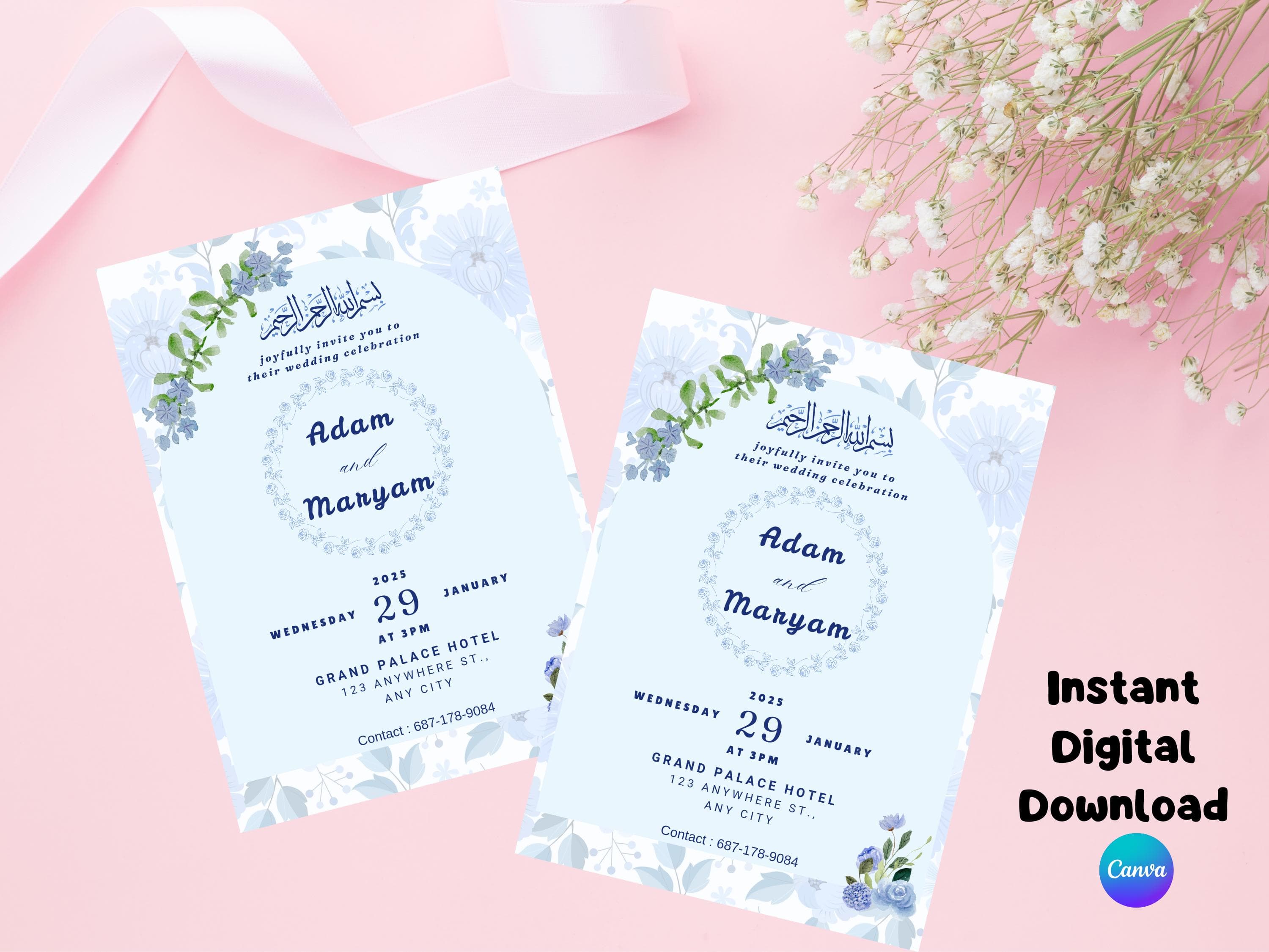 Simple Wedding Invitation Muslim, Islamic Nikah Invitation Template, Baby Blue Muslim Wedding Invite, Digital Muslim Wedding Invitation - image 4