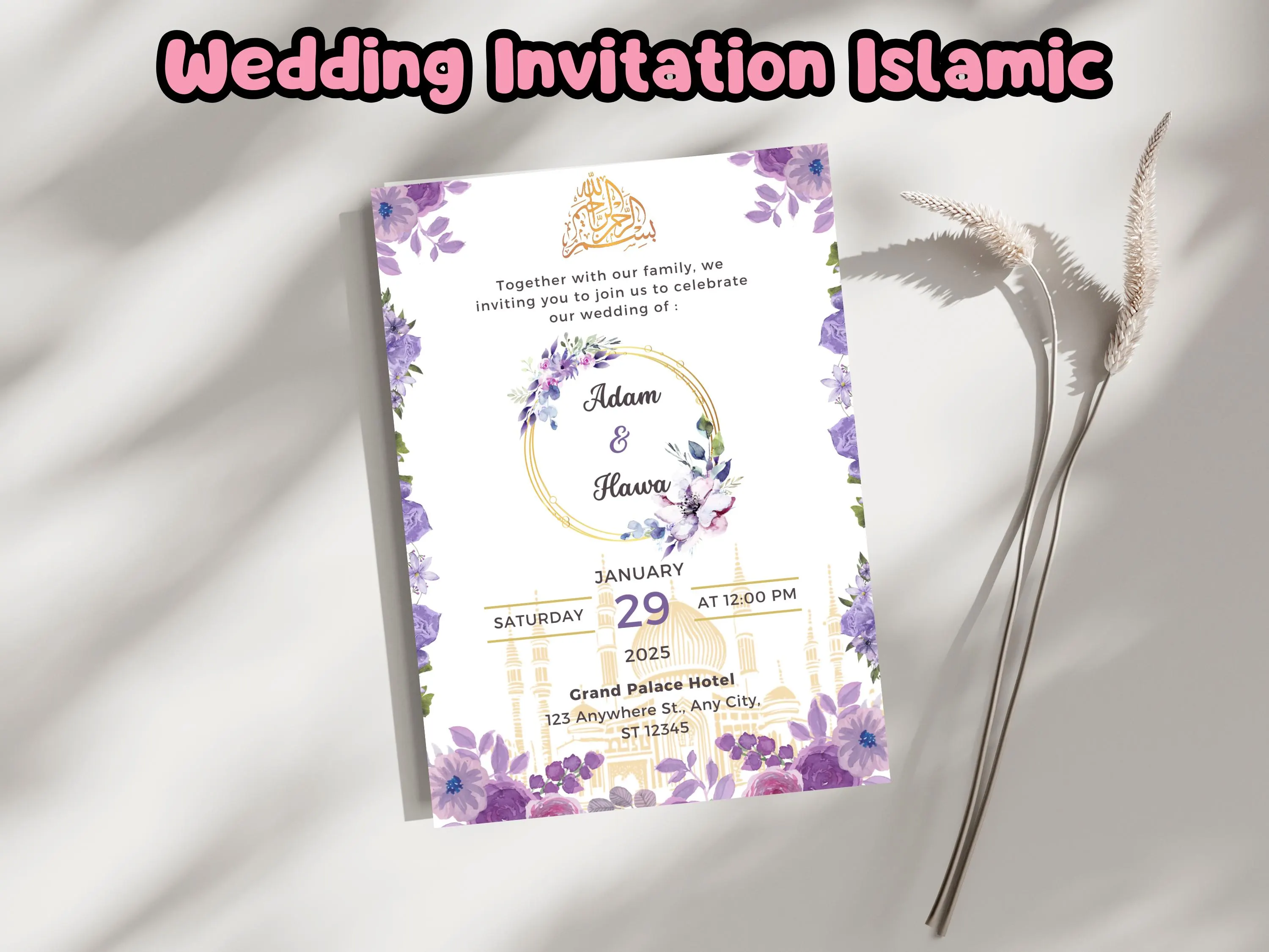 Wedding Invitation Muslim, Islamic Nikah Invitation Template, Purple Gold Aesthetic Muslim Wedding Invite,Digital Muslim Wedding Invitation - image 3