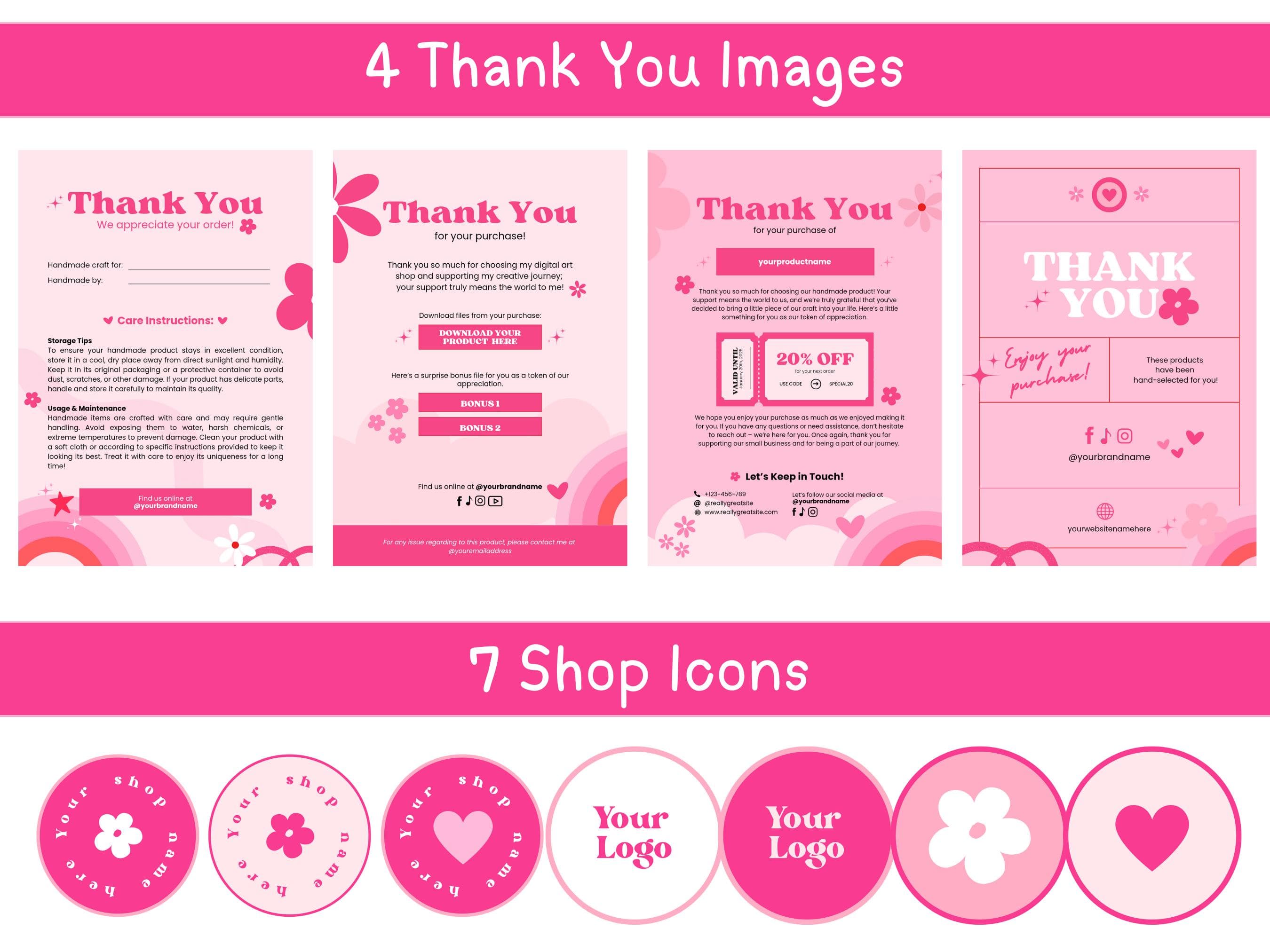 Pink Etsy Shop Branding Bundle | Canva Templates for Etsy Sellers | Banners, Listing Templates, Icons & Thank You Cards - image 4