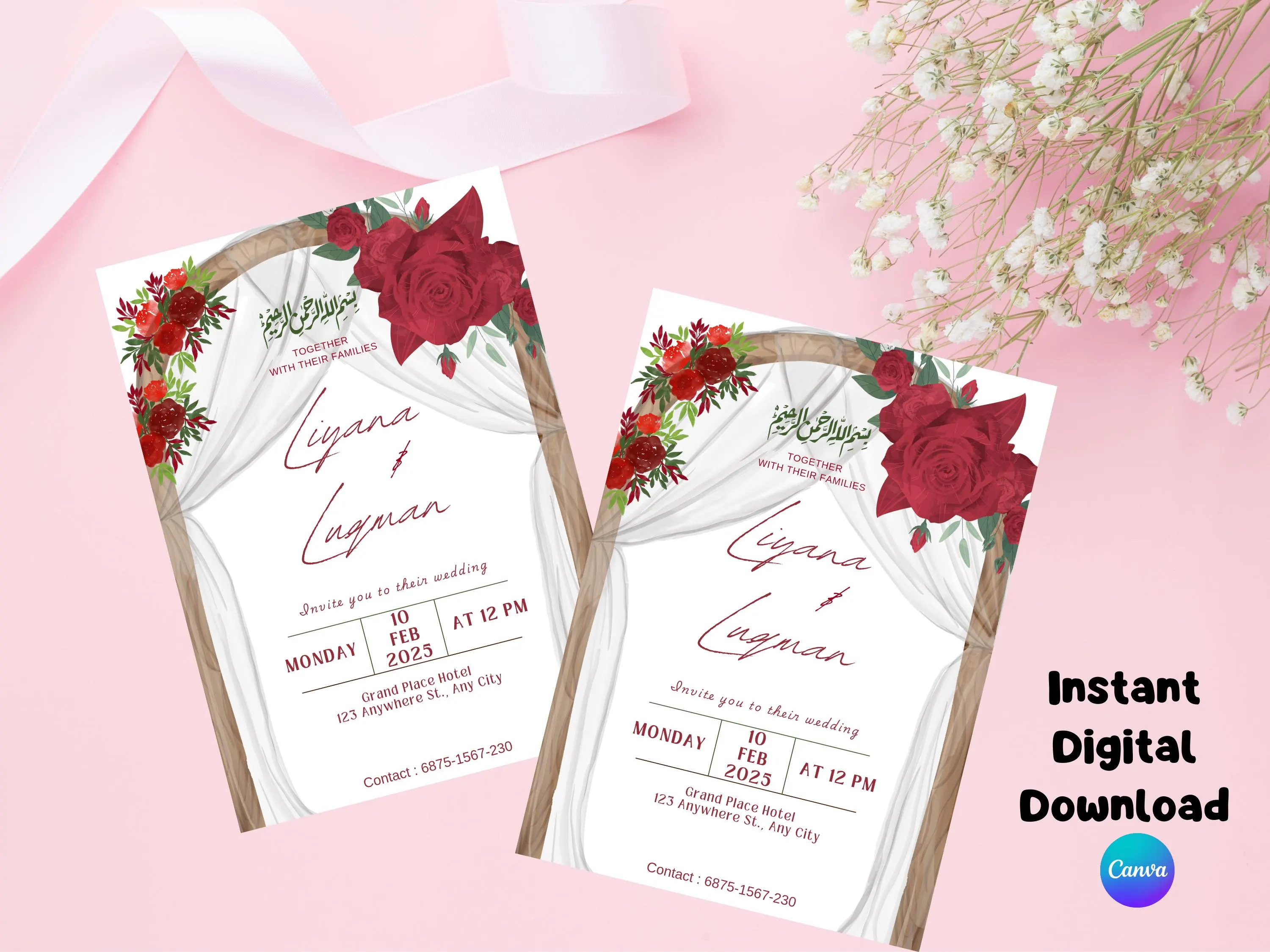 Muslim Wedding Invitation, Nikkah Invitation Template, Islamic Wedding Invitation Red Rose Arch, Nikkah Invite Digital, Instant Download - image 5