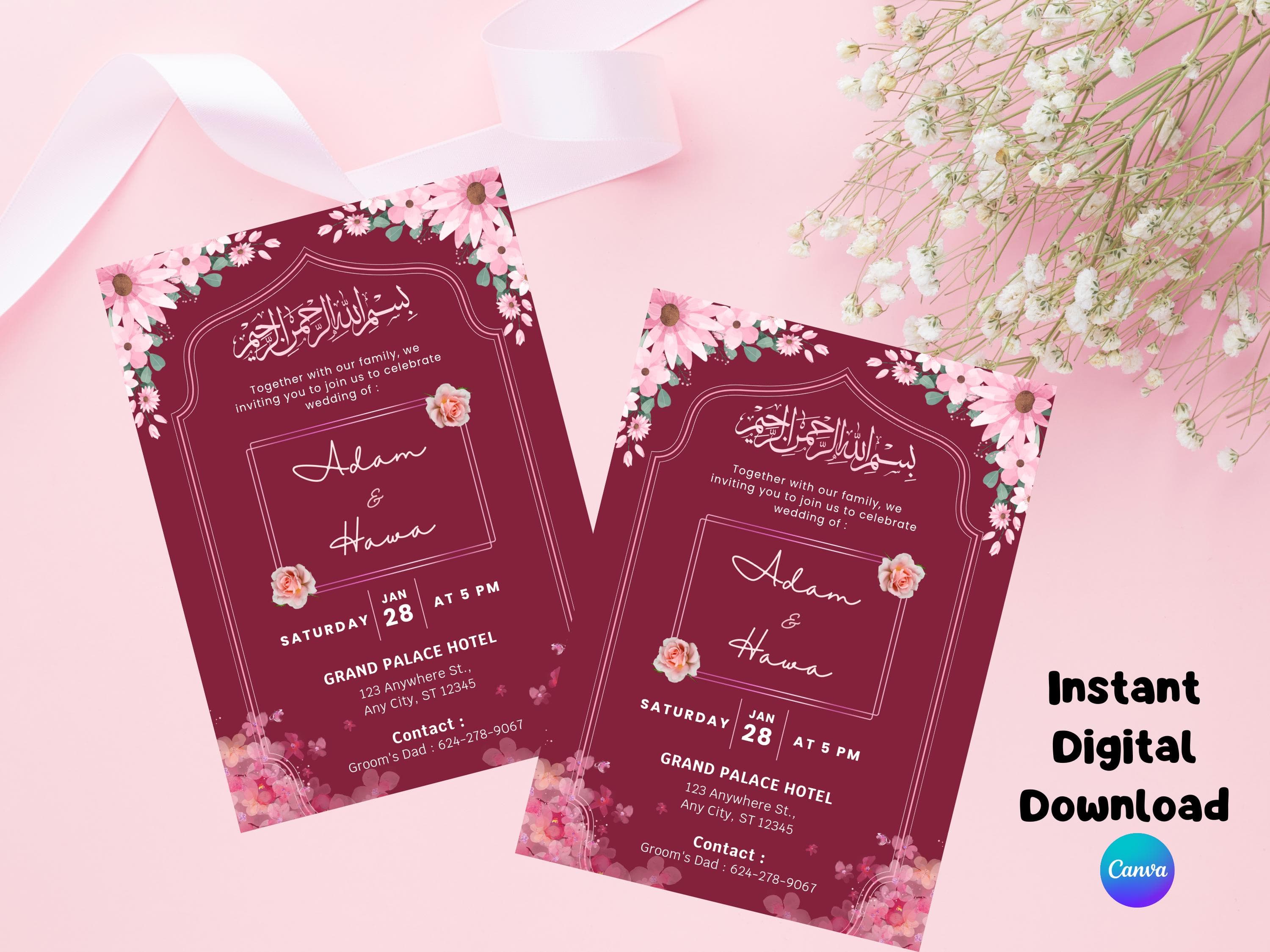 Muslim Wedding Invitation, Islamic Nikah Invitation Template, Burgundy Pink Floral Muslim Wedding Invite, Digital Muslim Wedding Invitation - image 4