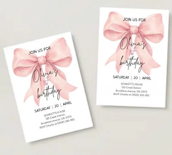 Pink Coquette 16th Birthday Invitation Template, Bow (Digital Download) - image 3